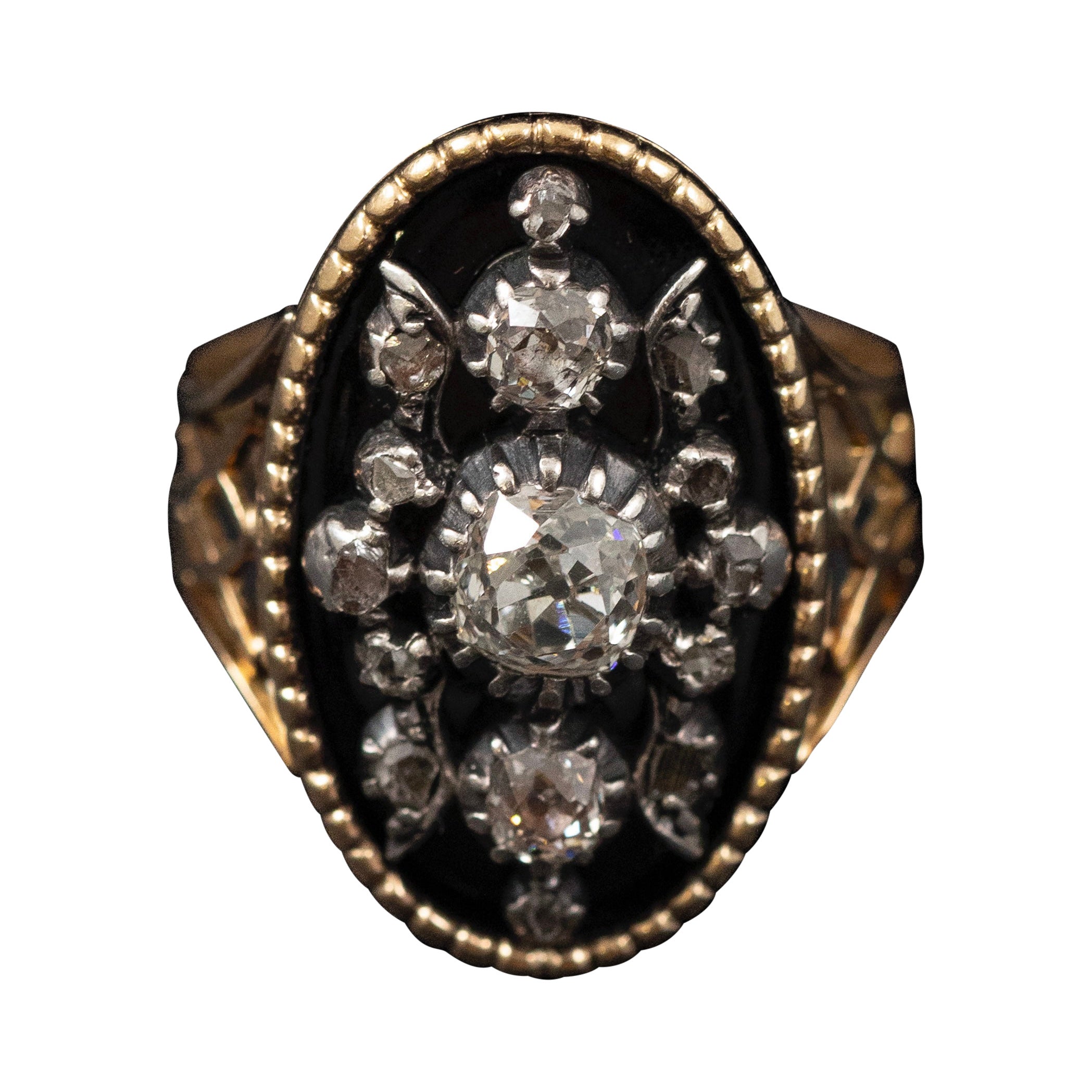 Antique 19th Century Old Mine Diamond Black Enamel Ring Silver Gold Victorian For Sale