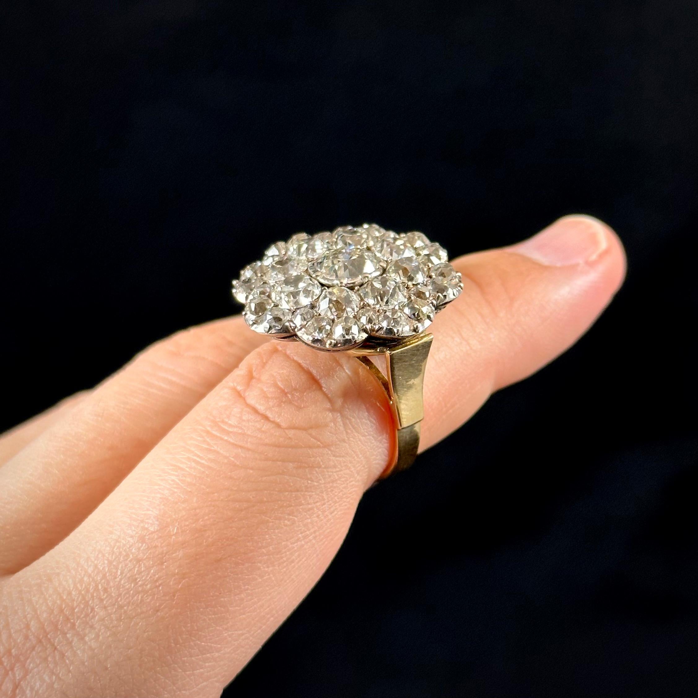 Antique 19th Century Old Mine Diamond Floral Cluster Cocktail Ring Silver Gold For Sale 4
