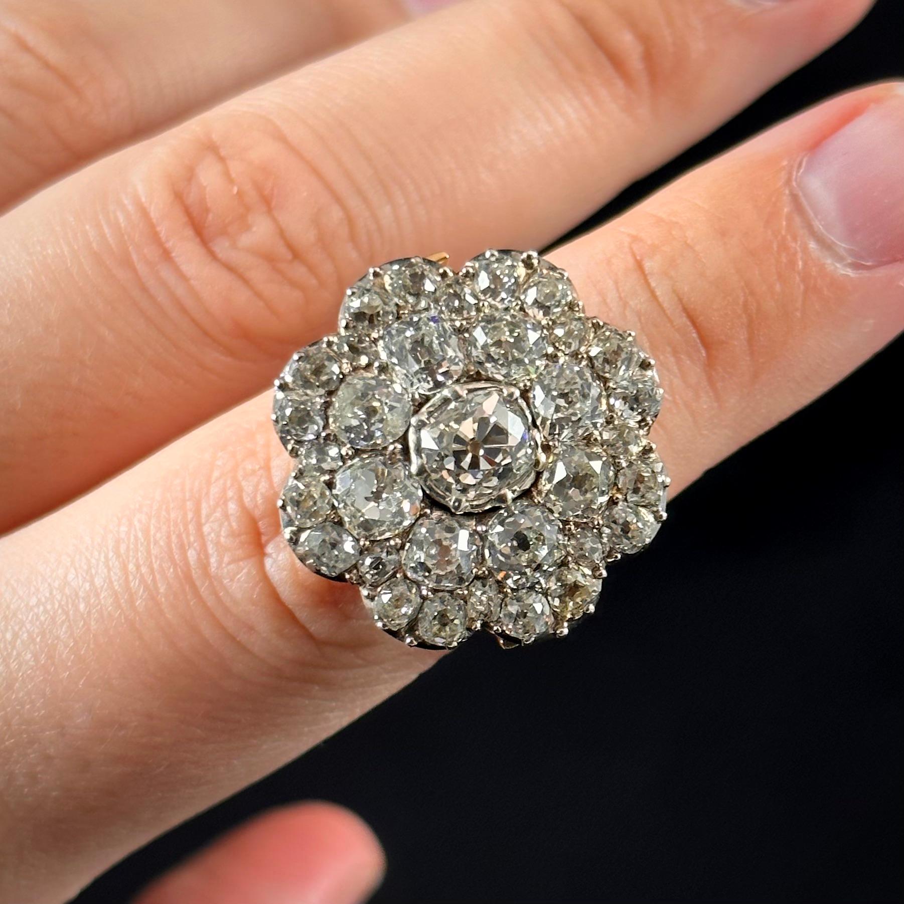 Antique 19th Century Old Mine Diamond Floral Cluster Cocktail Ring Silver Gold For Sale 5