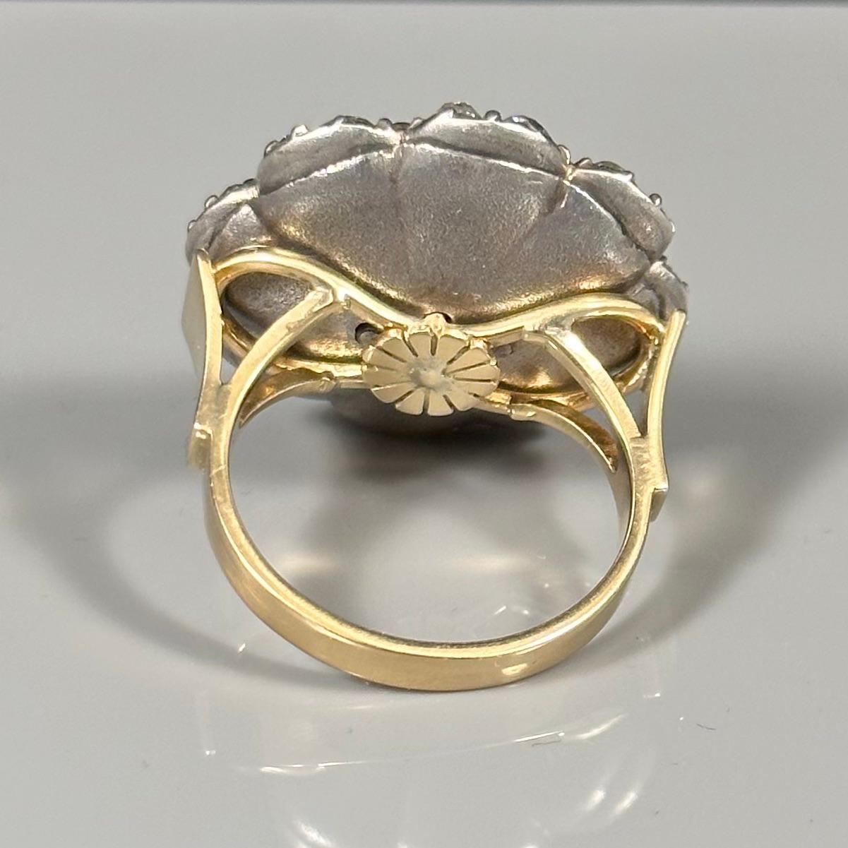 Antique 19th Century Old Mine Diamond Floral Cluster Cocktail Ring Silver Gold For Sale 11