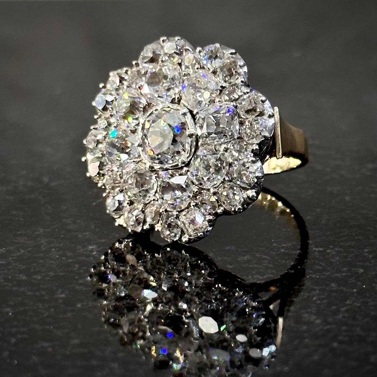 Antique 19th Century Old Mine Diamond Floral Cluster Cocktail Ring Silver Gold For Sale 13