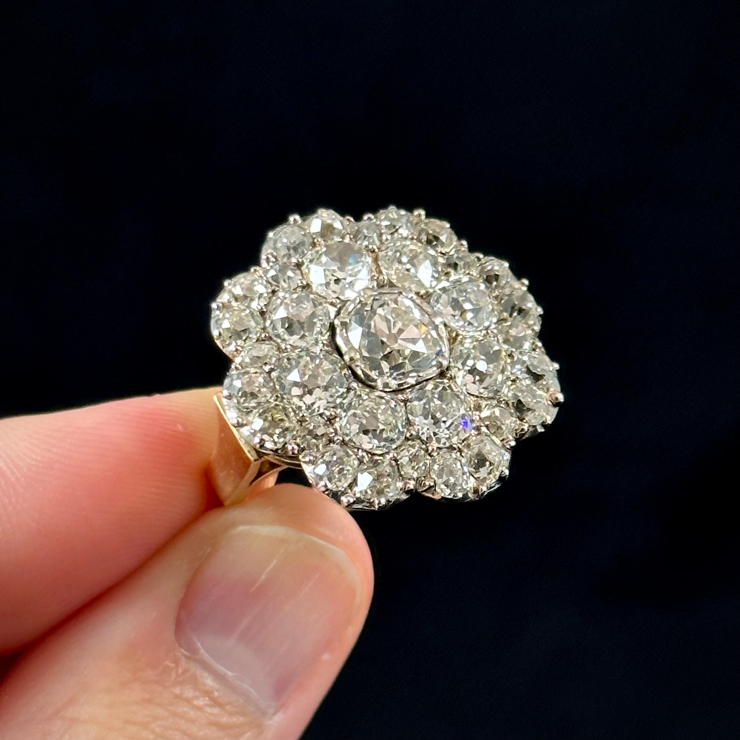 Antique 19th Century Old Mine Diamond Floral Cluster Cocktail Ring Silver Gold In Good Condition For Sale In Lisbon, PT