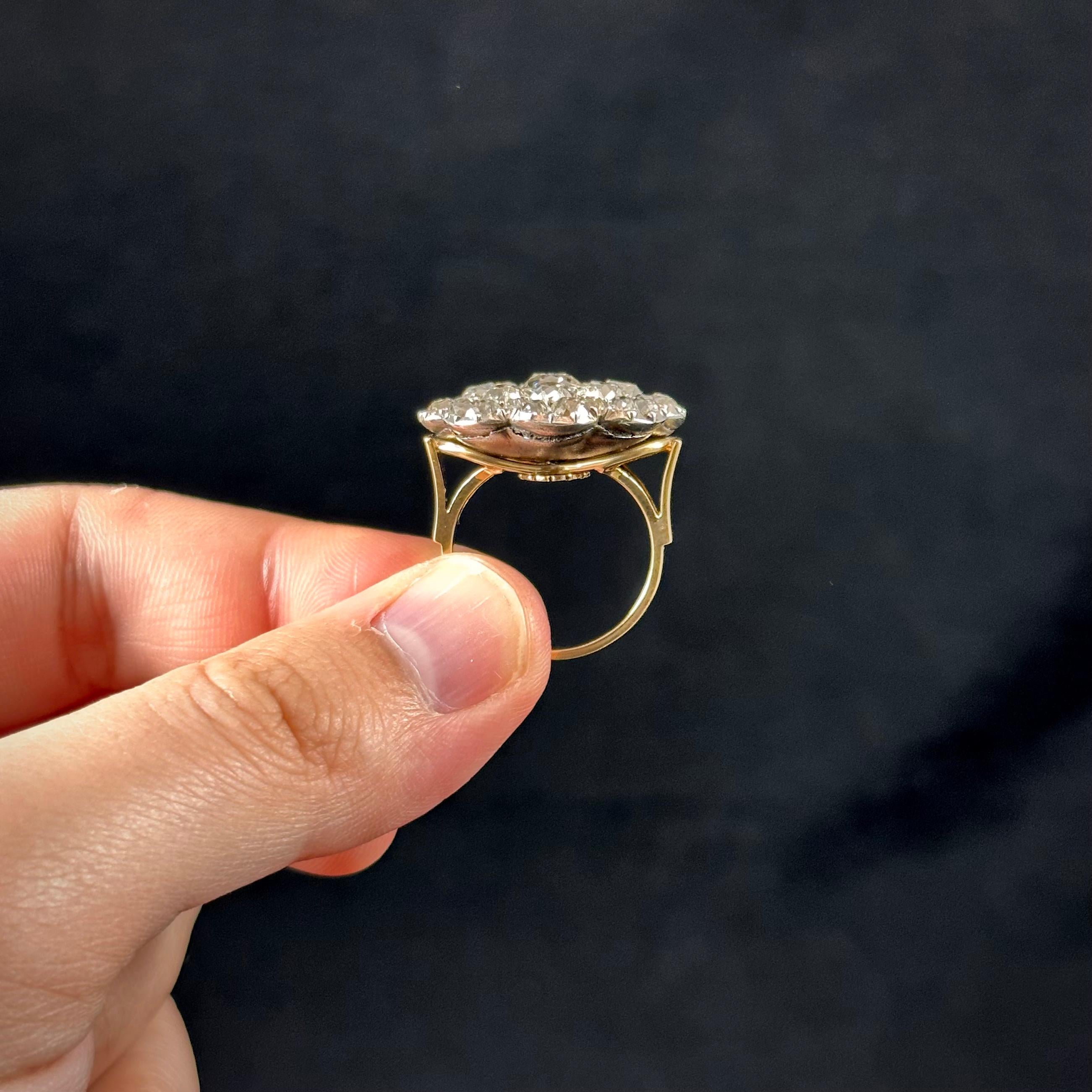 Antique 19th Century Old Mine Diamond Floral Cluster Cocktail Ring Silver Gold For Sale 1