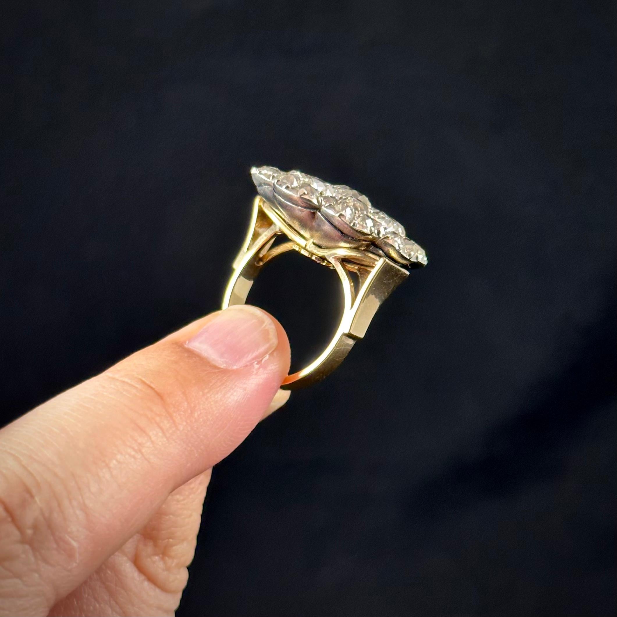 Antique 19th Century Old Mine Diamond Floral Cluster Cocktail Ring Silver Gold For Sale 3