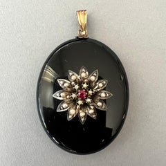 Antique 19th Century Onyx, Seed Pearl and Ruby Locket Pendant