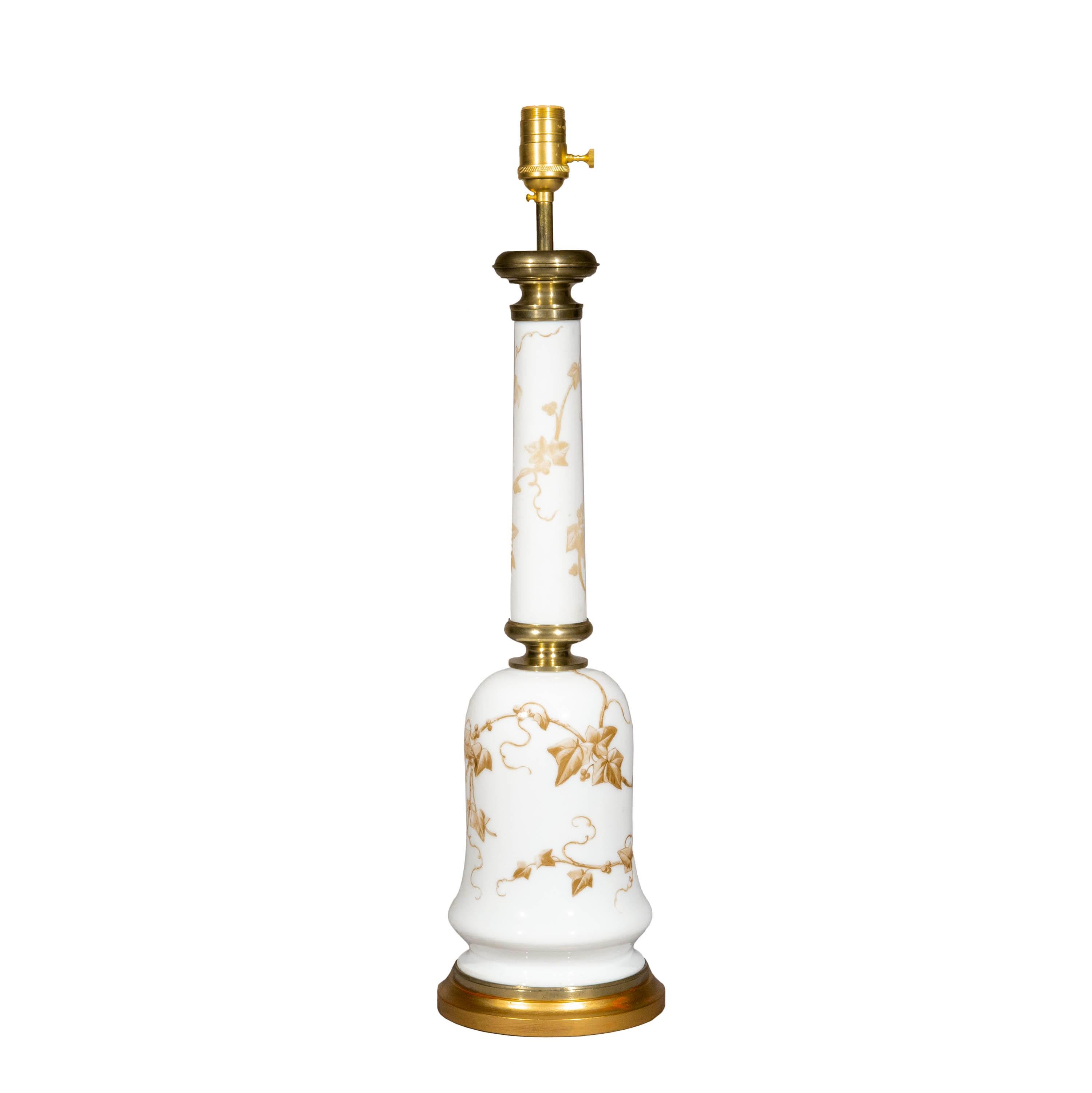 Brass Antique 19th Century White Opaline Glass Lamp For Sale