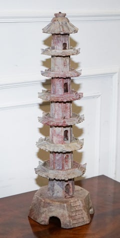 ANTIQUE 19TH CENTURY ORIENTAL CARVED SOAPSTONE PAGODA VERY DECORATiVE