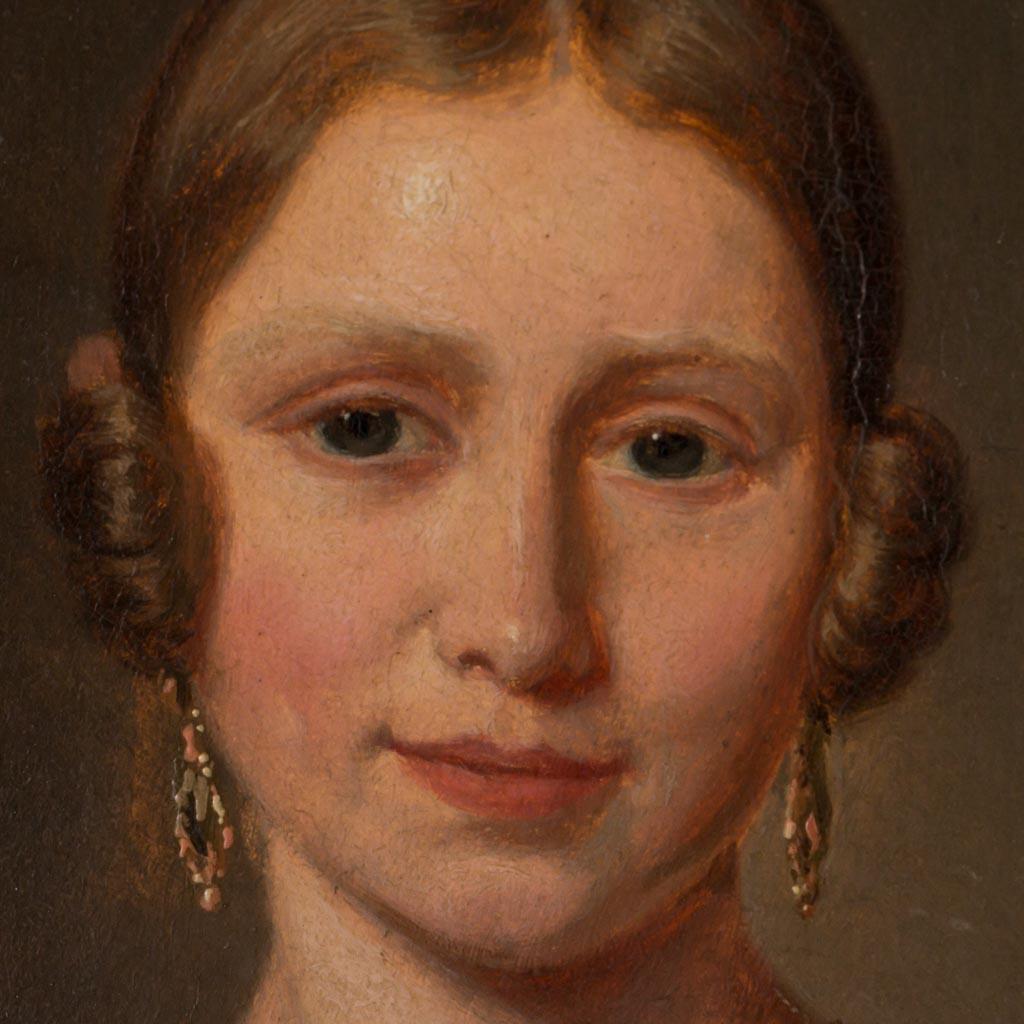 Antique 19th Century Original Danish Oil Painting Portrait of a Young Lady In Good Condition In Round Top, TX