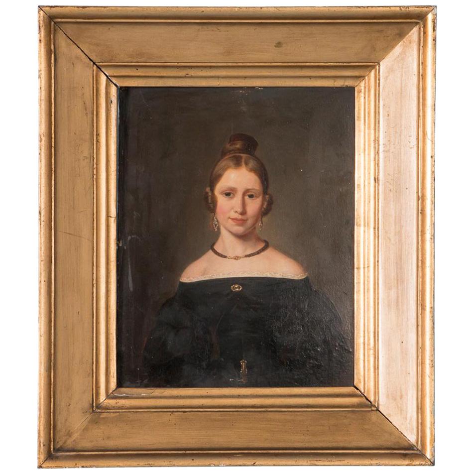 Antique 19th Century Original Danish Oil Painting Portrait of a Young Lady
