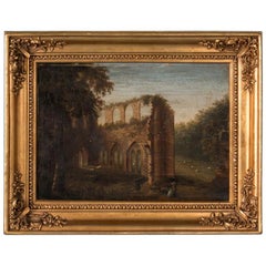 Antique 19th Century Original English Oil Painting Landscape of Abbey Ruins