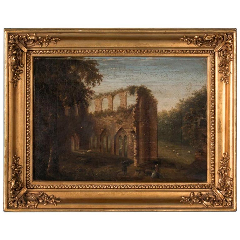 Antique 19th Century Original English Oil Painting Landscape of Abbey