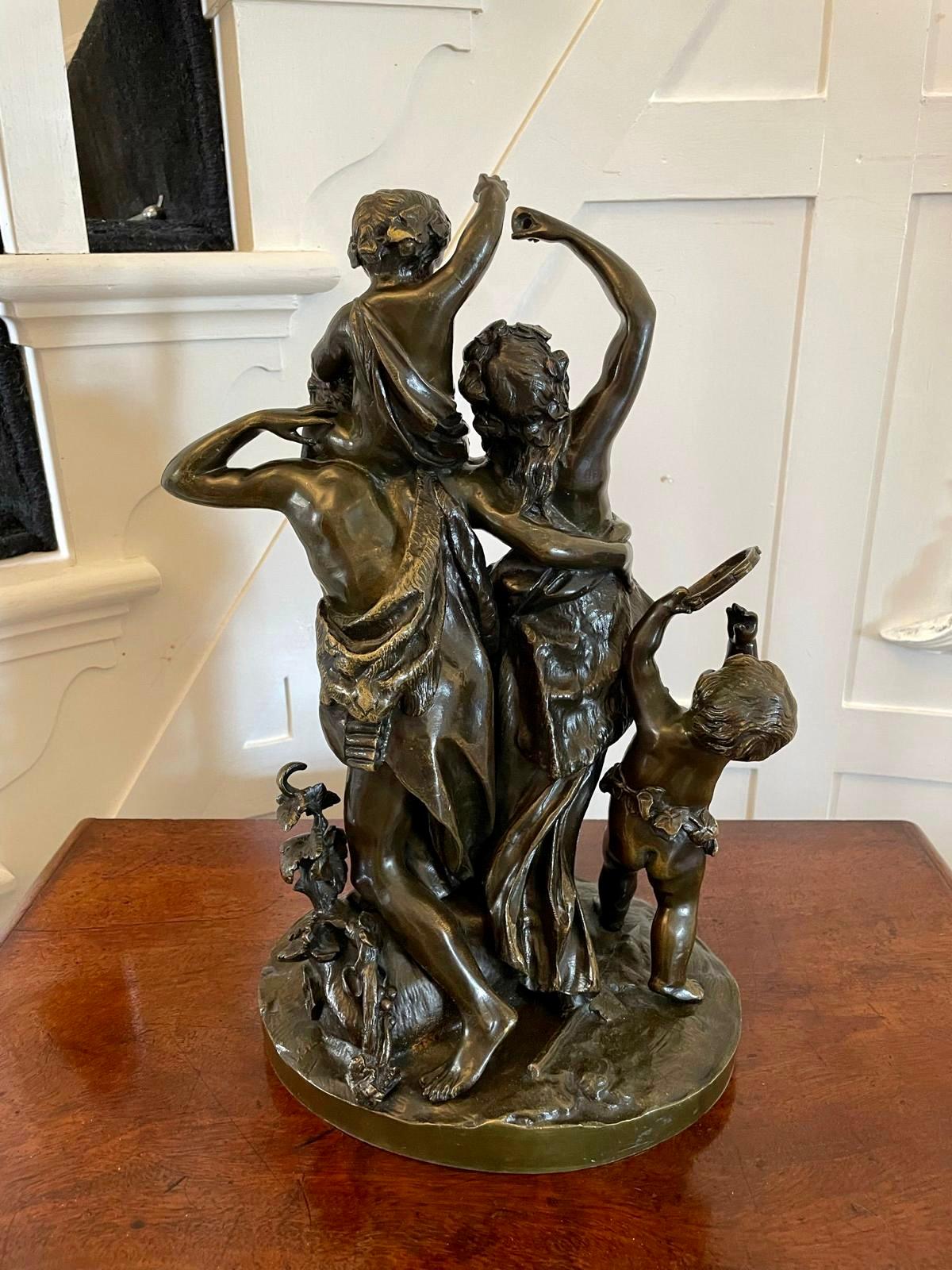 A very impressive astounding quality antique 19th century bronze Clodion statue of a pair of classical Bacchus influenced dancing maidens with their children holding a tambourine, signed by Clodian

A glorious piece displaying incredible detail