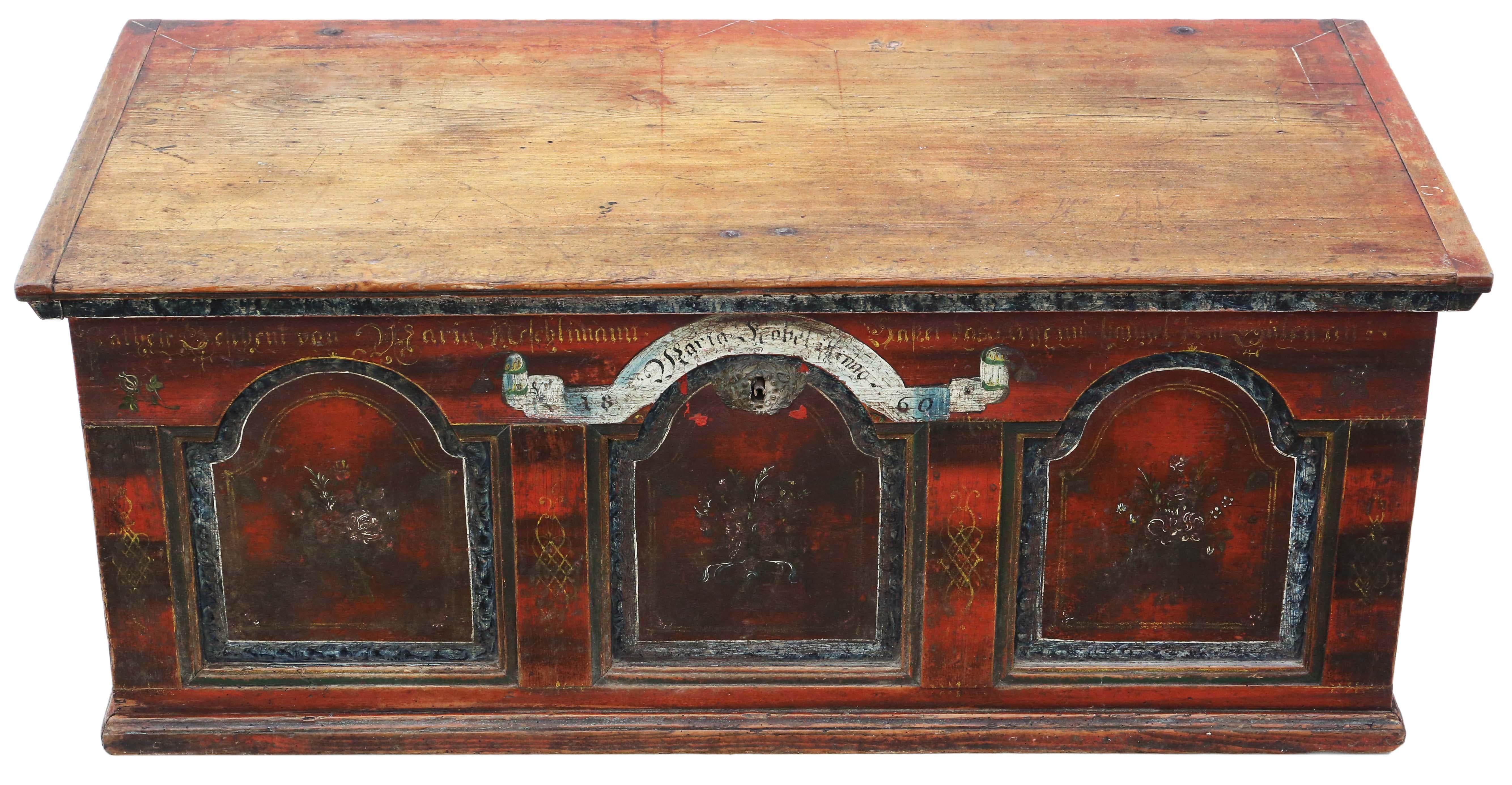 Antique 19th century painted coffer box marriage chest. Dated 1860. These are now quite sought after.

No loose joints and full of age, character and charm.

Would look great in the right location!

Overall maximum dimensions: 117cmW x 57cmD x