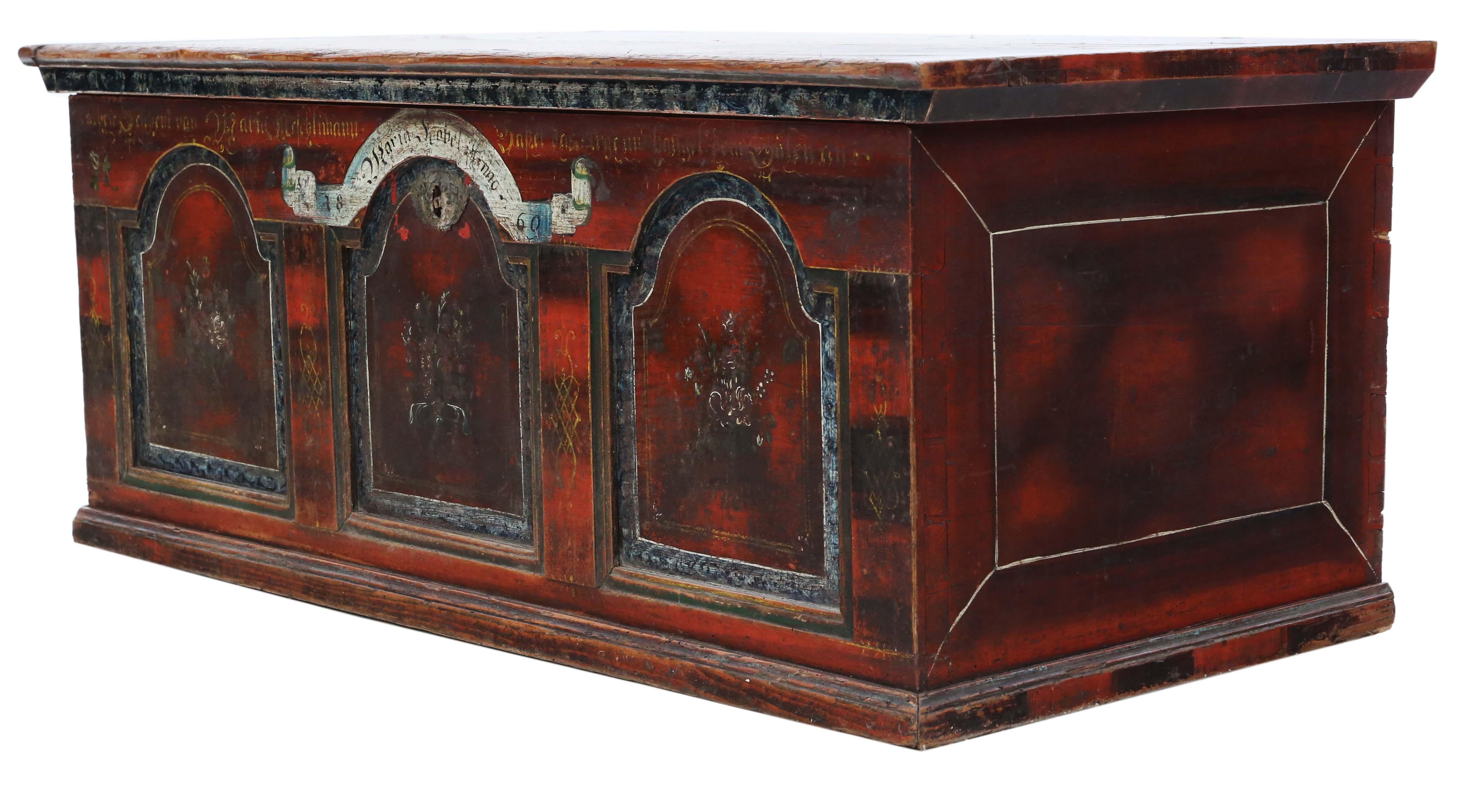 Pine Antique 19th Century Painted Coffer Box Marriage Chest For Sale