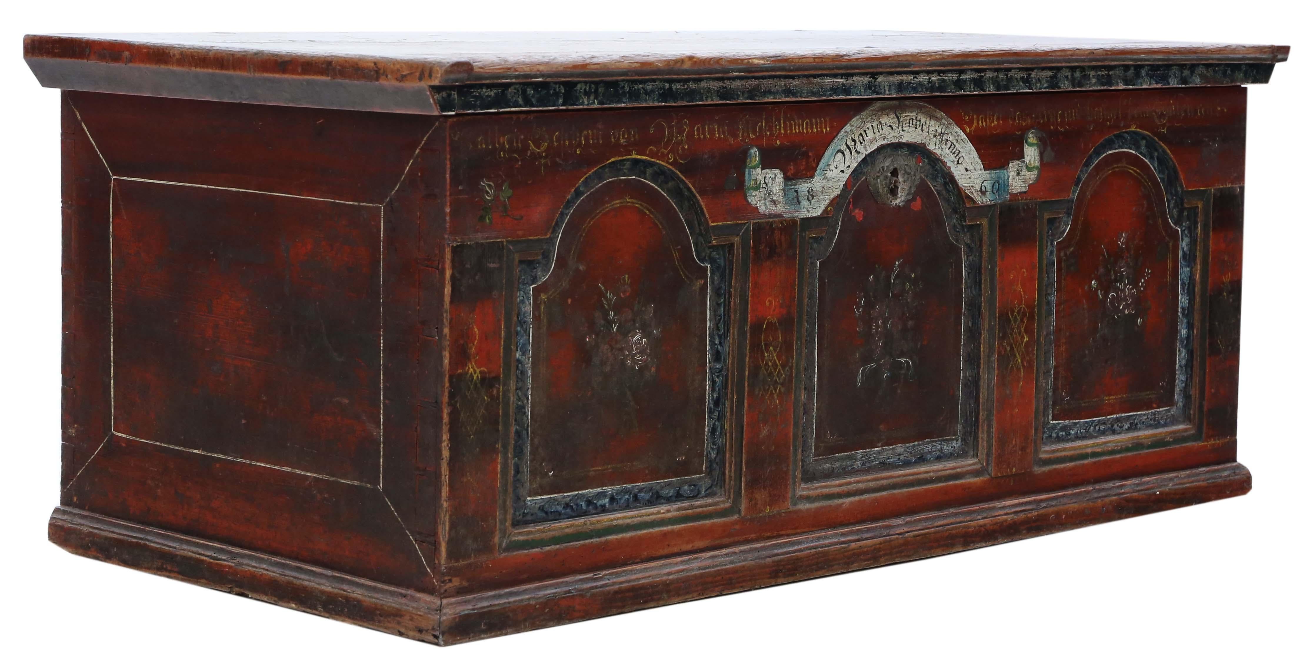 Antique 19th Century Painted Coffer Box Marriage Chest For Sale 1