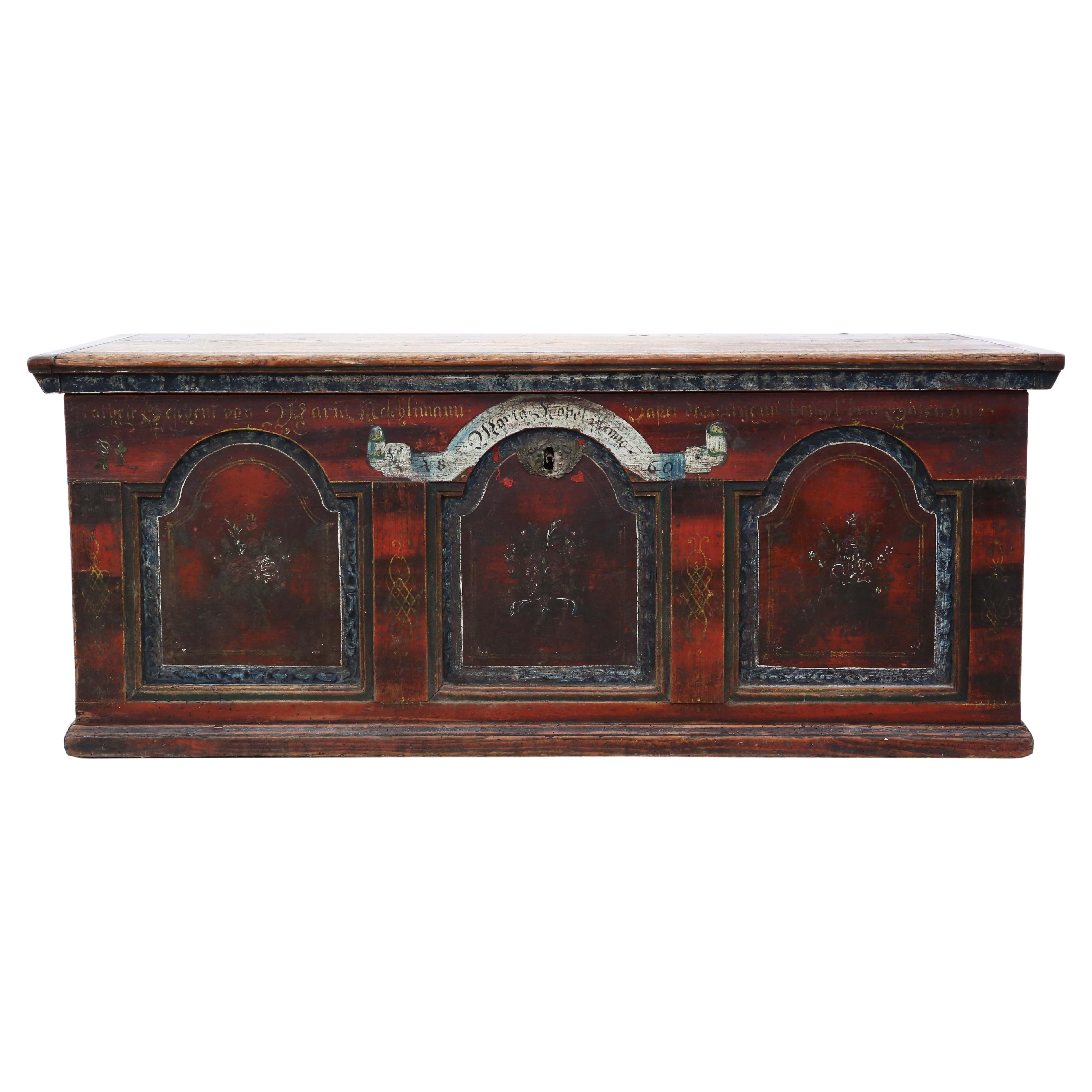 Antique 19th Century Painted Coffer Box Marriage Chest For Sale