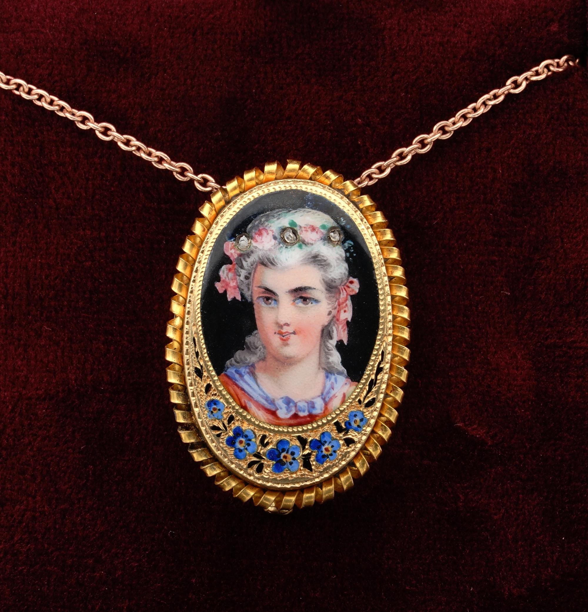 Sensing Past Art

This antique 19th Century painted Enamel Miniature depicts a charming young lady portrait
Beautifully represented with graceful look in elegant outfit of the time, adorned with bows and flowers with rose cut Diamond accent set into
