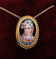 Antique 19th Century Painted Enamel Portrait Pendant Brooch