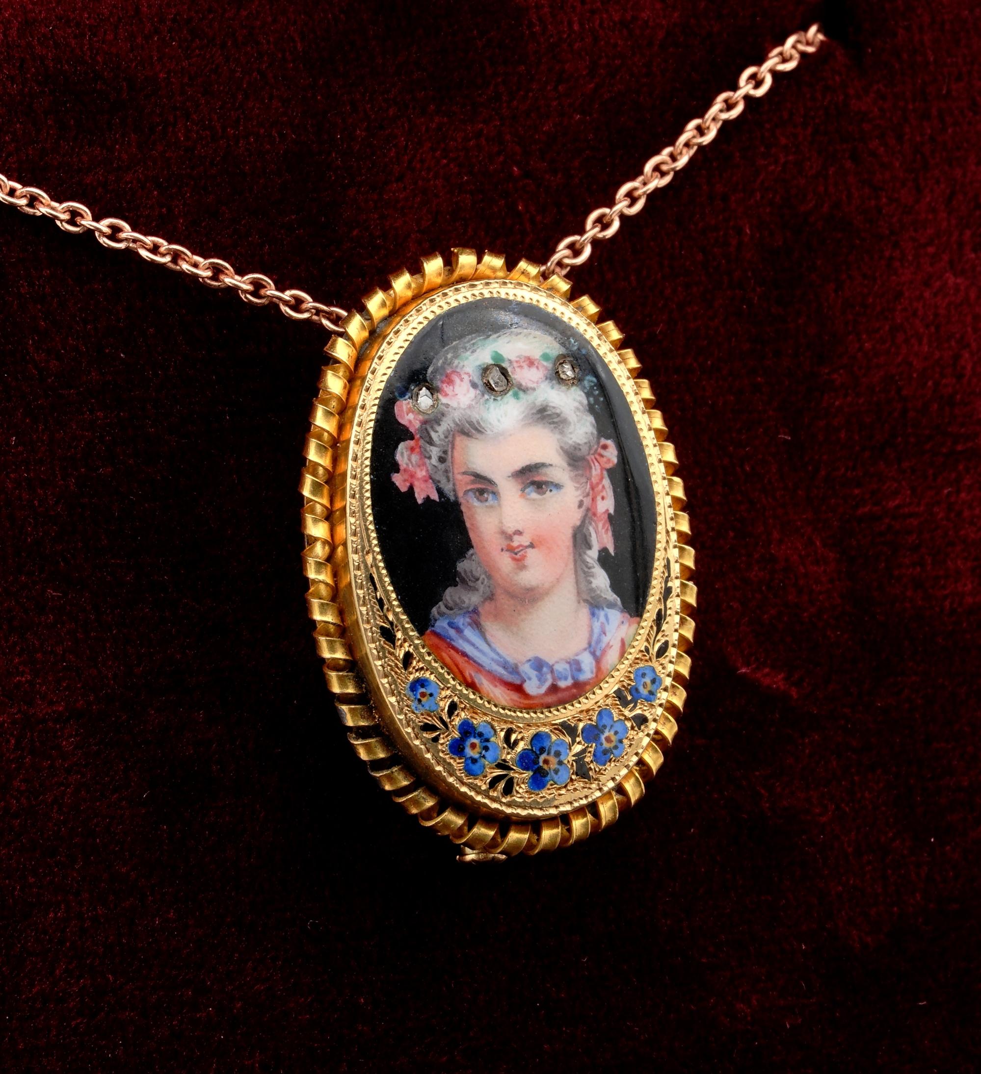 Antique 19th Century Painted Enamel Portrait Pendant Brooch In Fair Condition For Sale In Napoli, IT