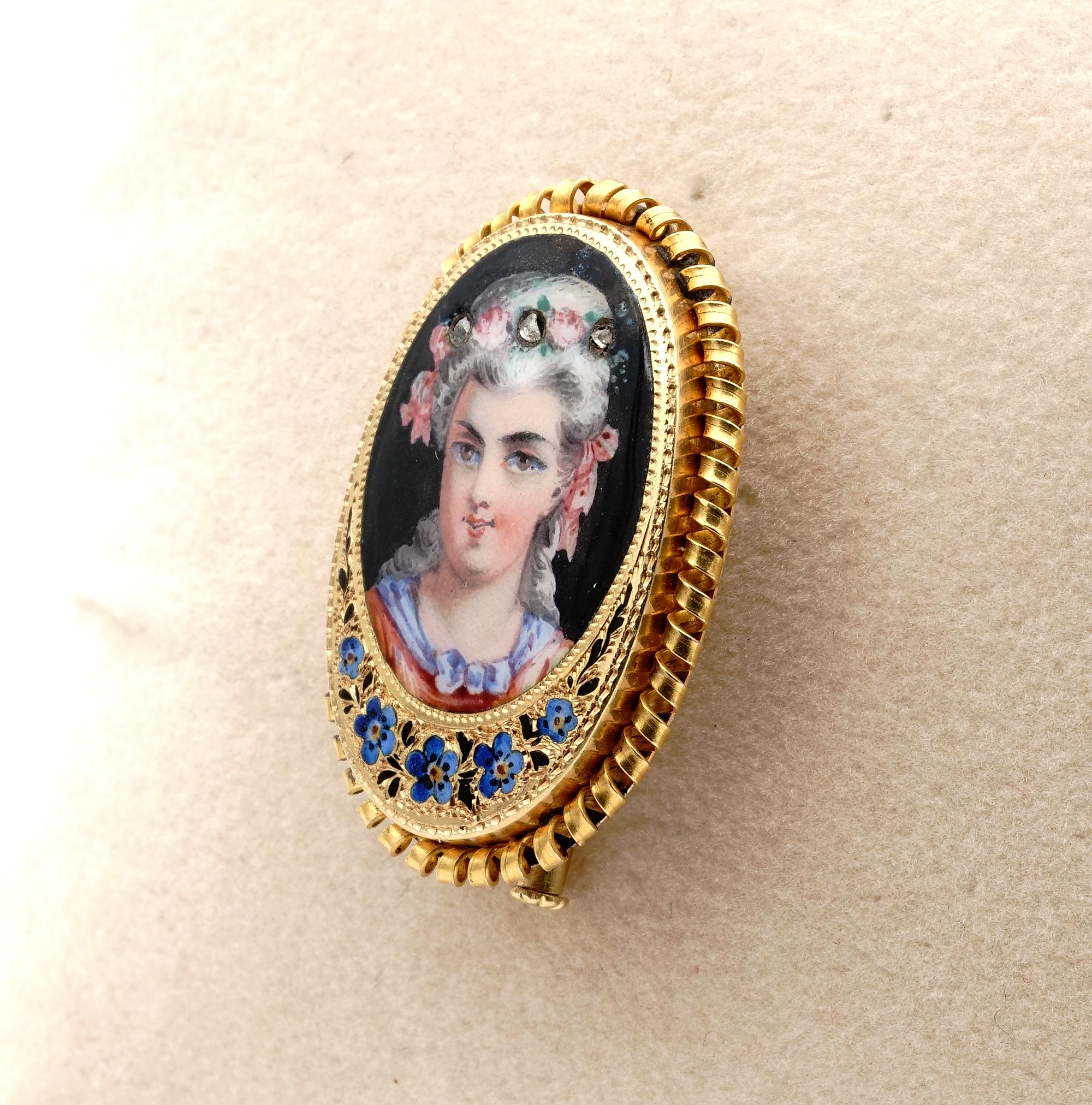 Women's or Men's Antique 19th Century Painted Enamel Portrait Pendant Brooch For Sale