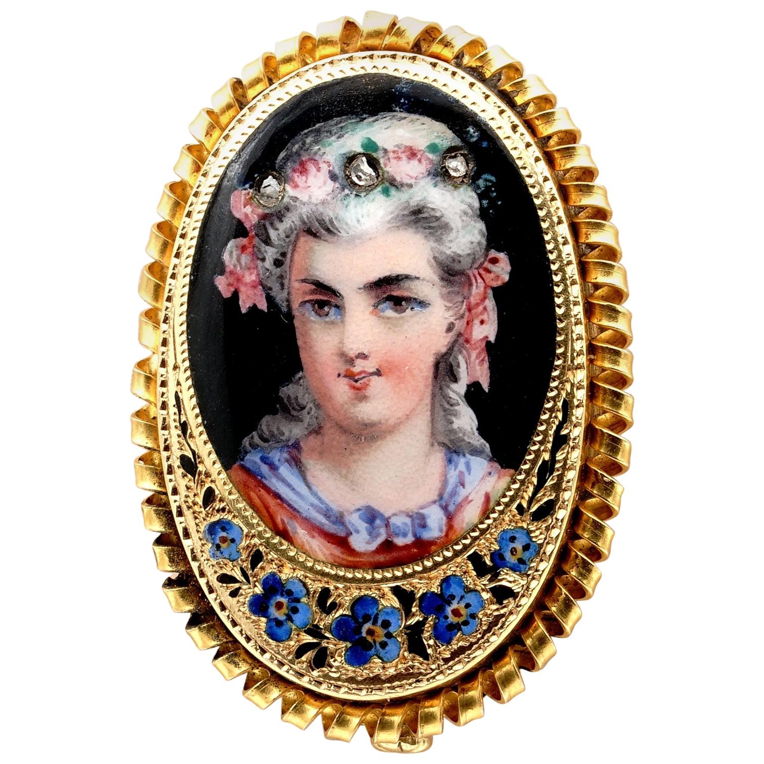 Antique 19th Century Painted Enamel Portrait Pendant Brooch For Sale
