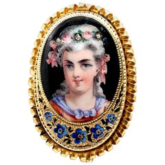 Antique 19th Century Painted Enamel Portrait Pendant Brooch