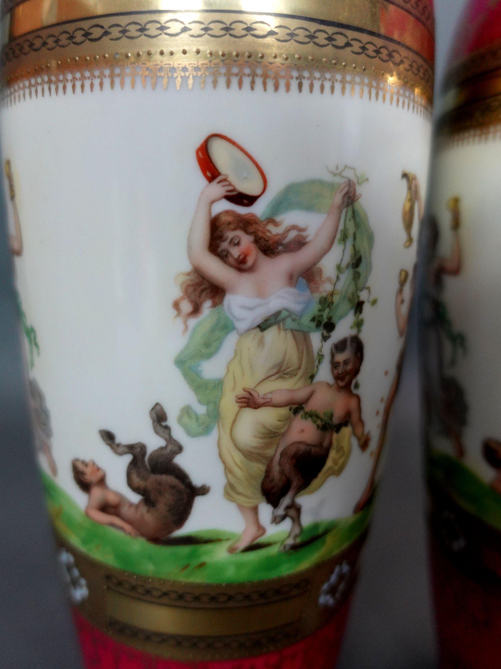 Antique 19th Century Pair of Bacchanal Festive Procession German Vase 