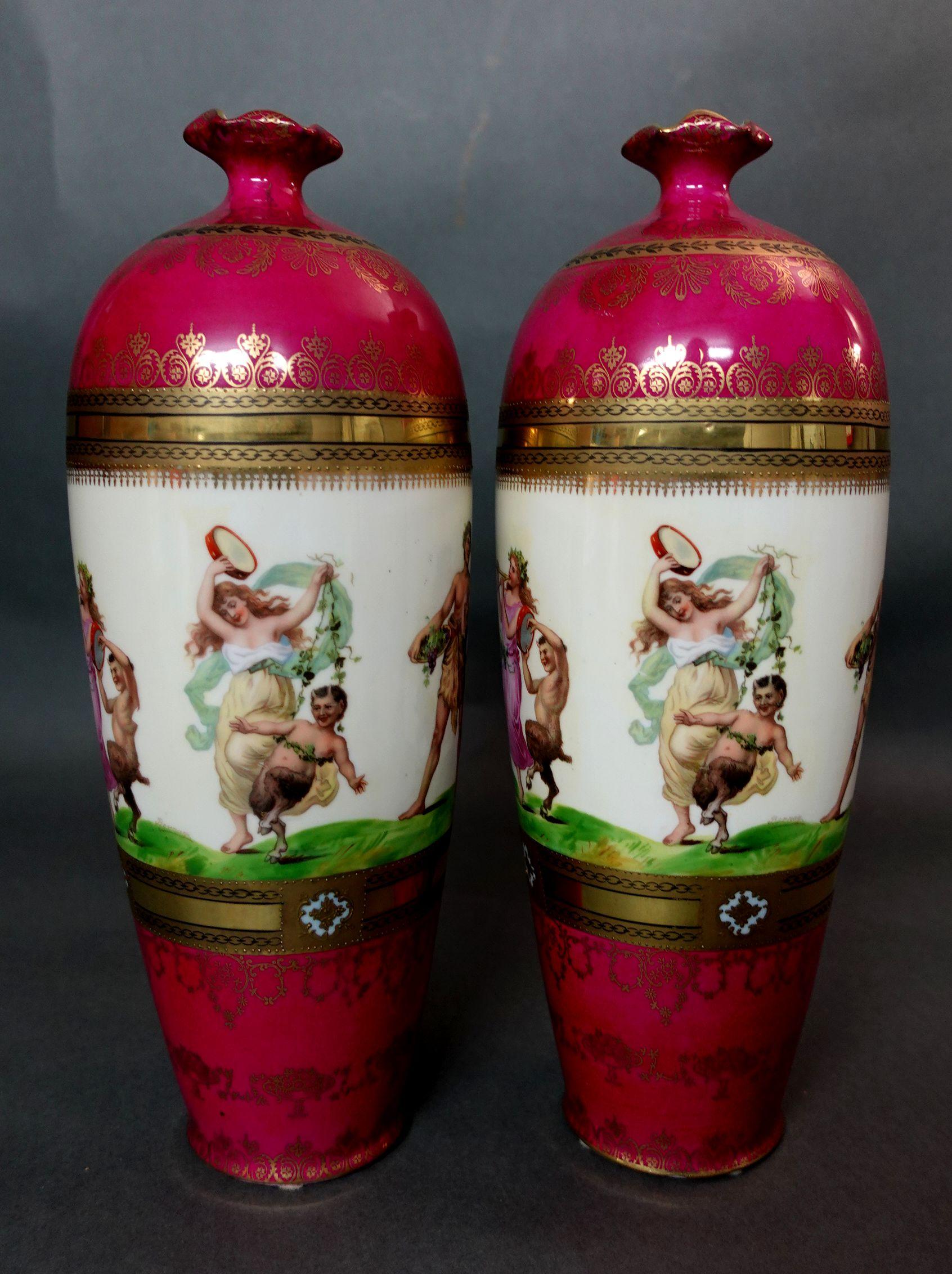 Porcelain Antique 19th Century Pair of Bacchanal Festive Procession German Vase 