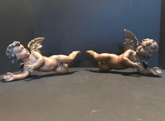 Antique 19th Century Pair of Carved and Polychrome Wood Putti Sculptures