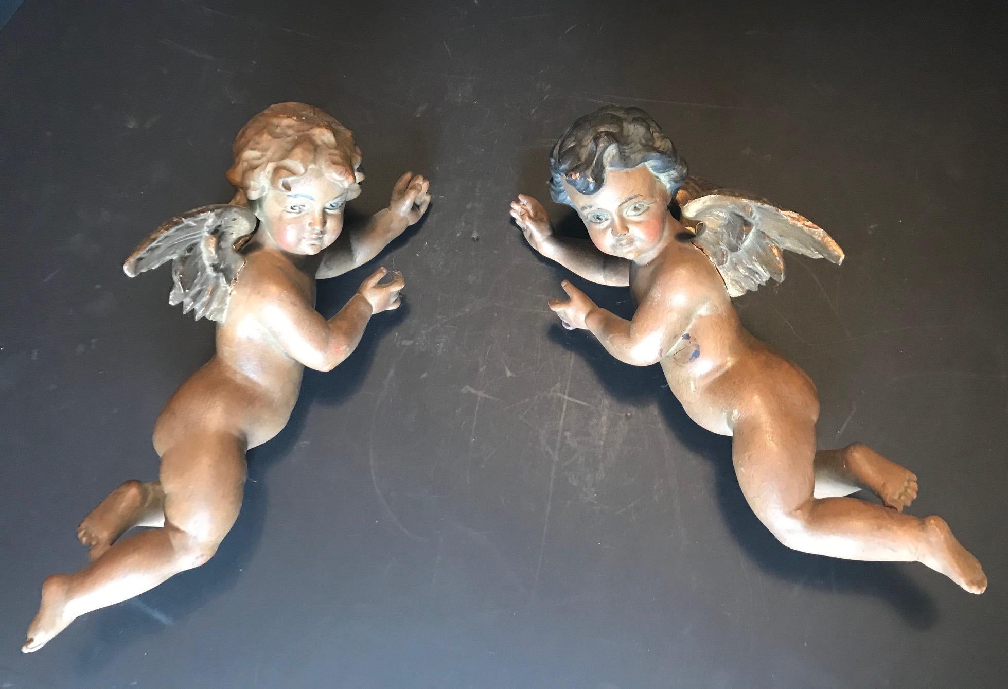 Baroque Antique 19th Century Pair of Carved and Polychrome Wood Putti Sculptures