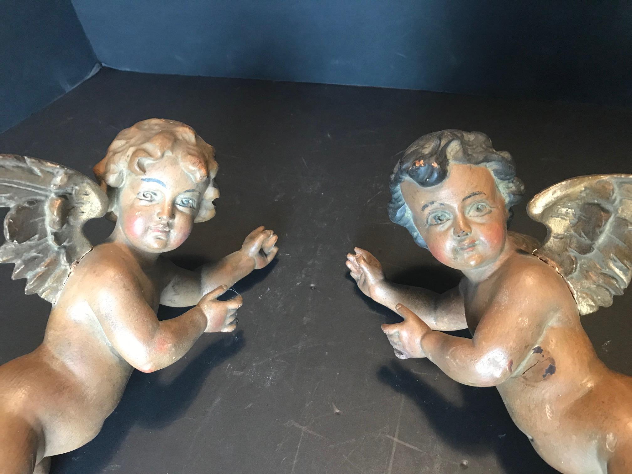 Italian Antique 19th Century Pair of Carved and Polychrome Wood Putti Sculptures