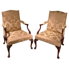 Antique 19th century pair of Chippendale revival Gainsborough library armchairs