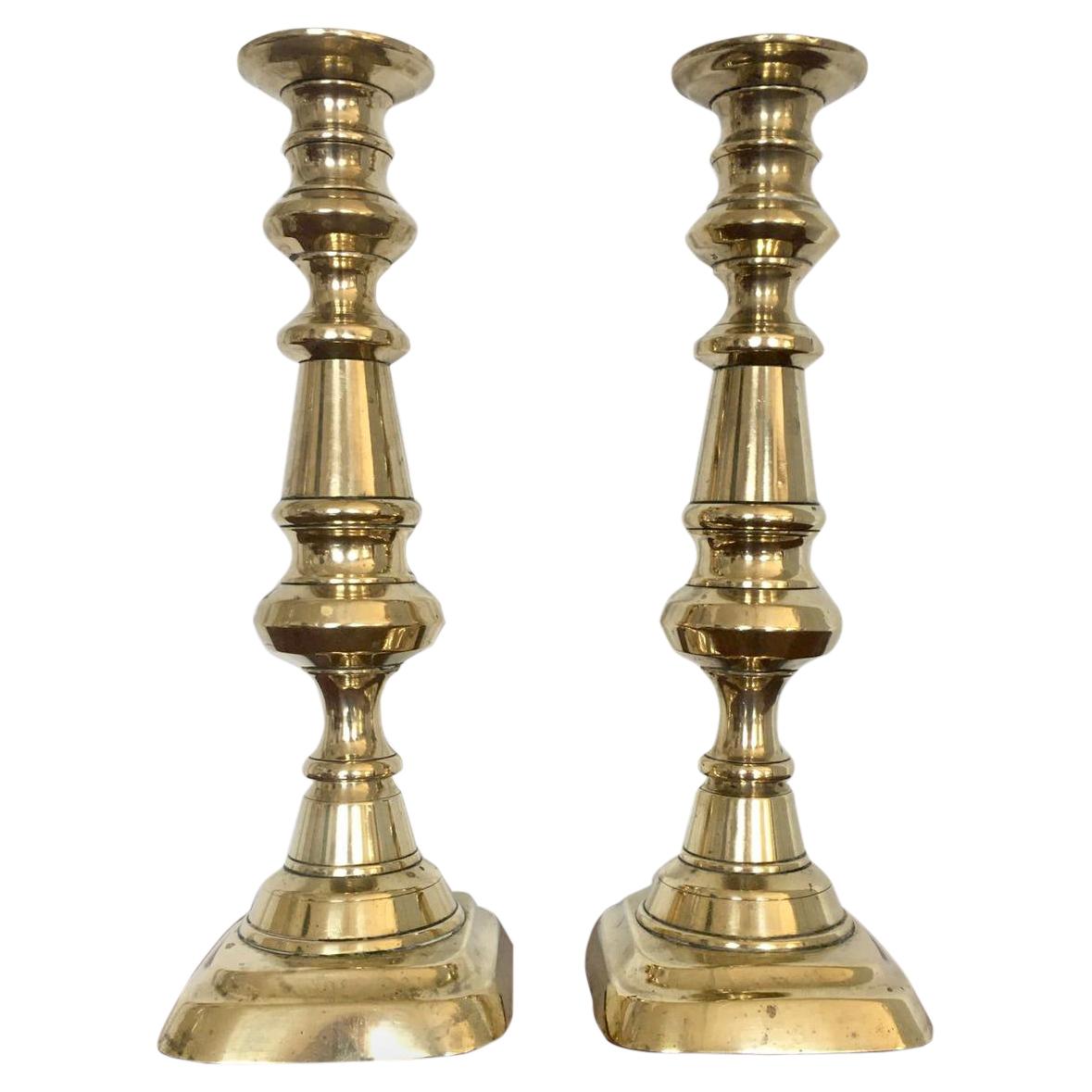 Antique 19th Century Pair of Extra Tall Brass Candlesticks