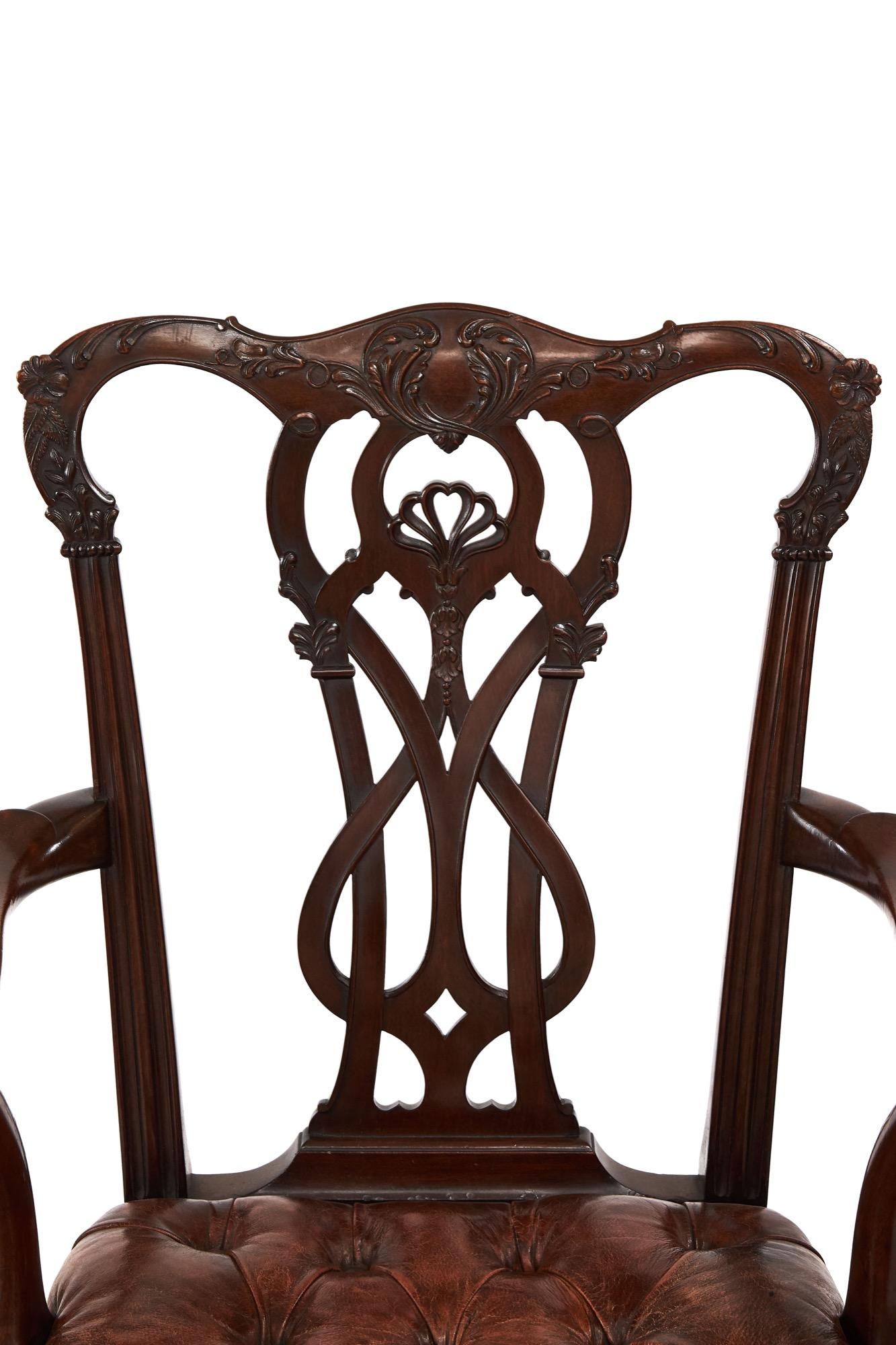 Hand-Carved Antique 19th Century Pair of Mahogany Chippendale Style Desk/Elbow Chairs