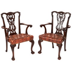 Antique 19th Century Pair of Mahogany Chippendale Style Desk/Elbow Chairs