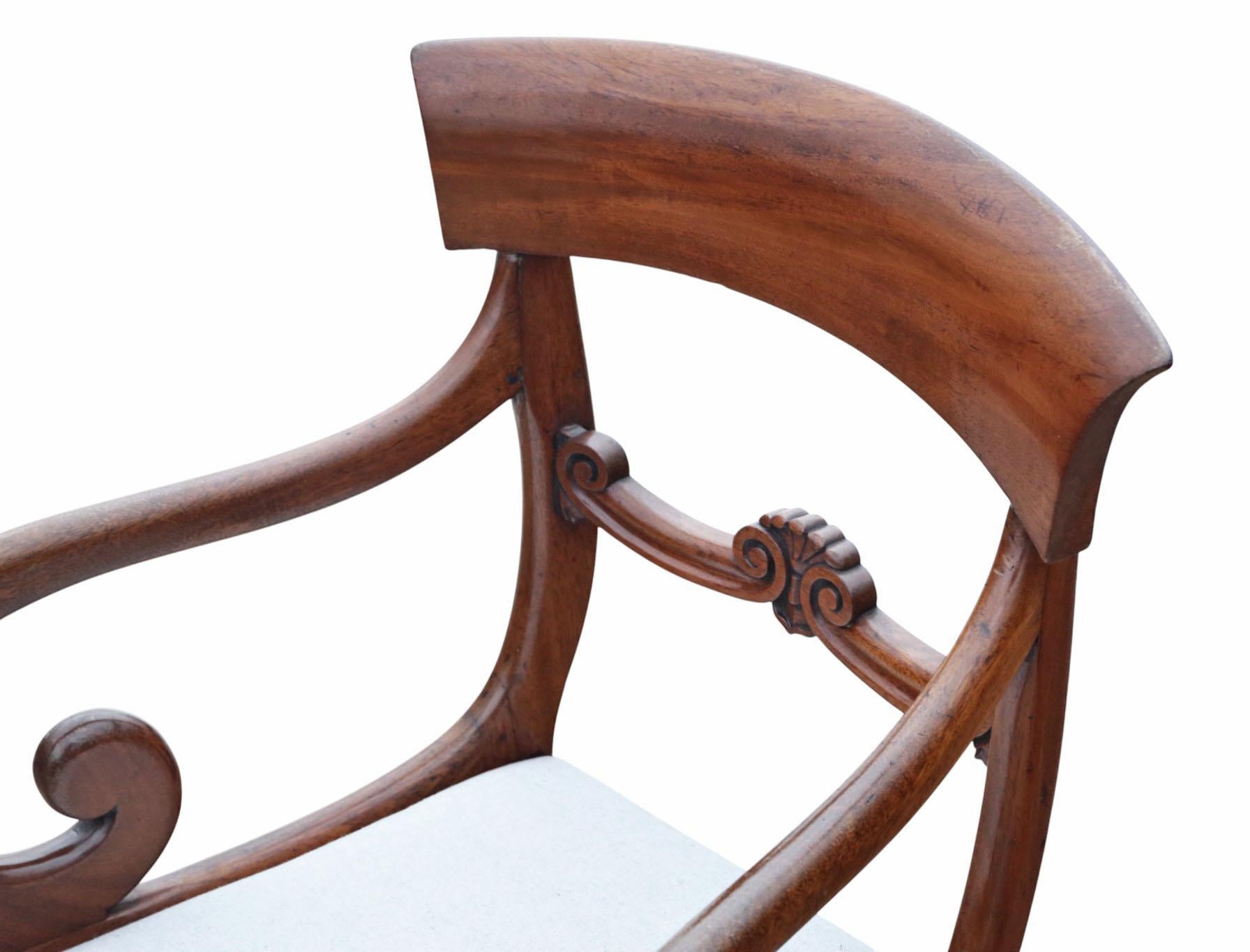 British Antique 19th Century Pair of Mahogany Scroll-Arm Carver Dining Chairs For Sale