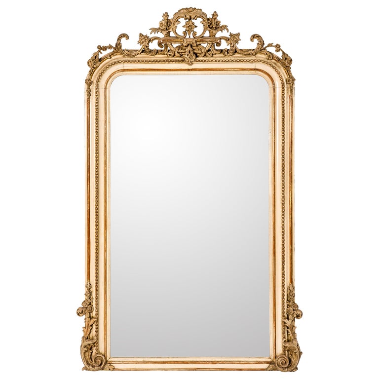 Antique 19th Century Pale French Louis Philippe Mirror with an Ornate Crest  For Sale at 1stDibs