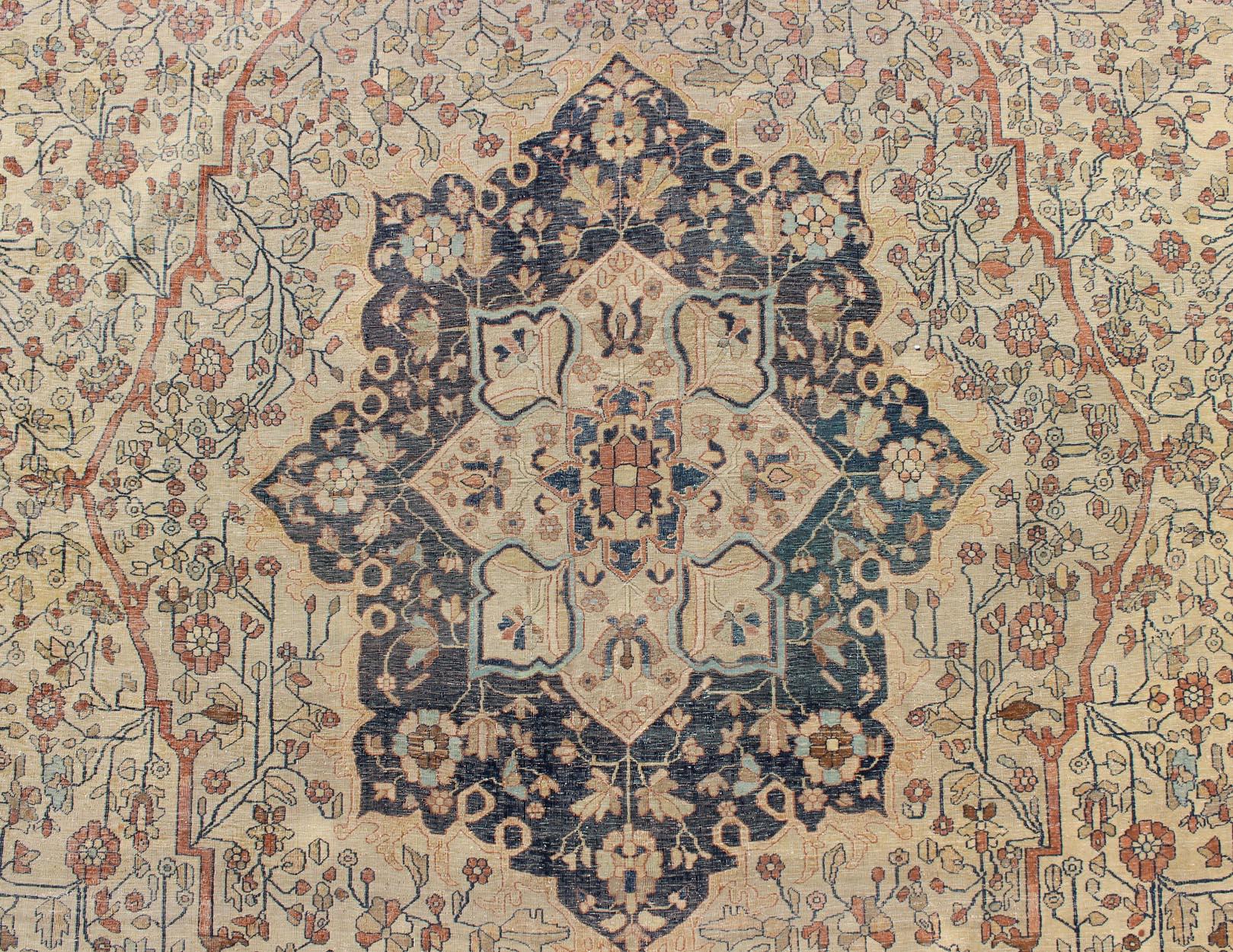 19th Century Persian Mohtesham Kashan Rug in Cream and Light blue, light Green 1