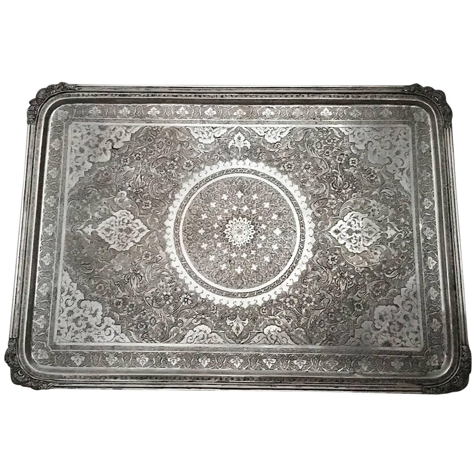 Antique 19th Century Persian Silver Tray