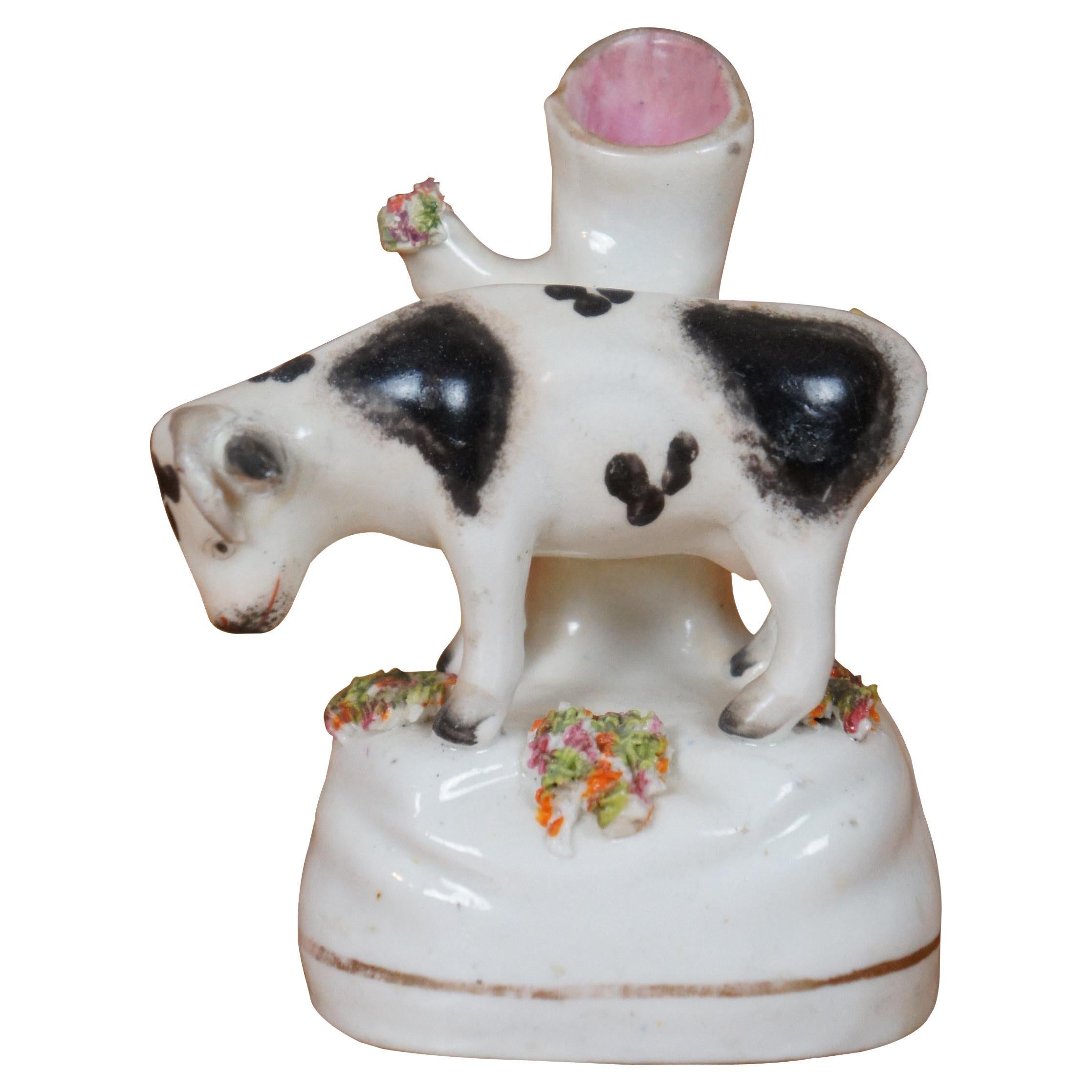 Antique 19th Century Petite Staffordshire Cow Spill Vase Flatback Figurine 4" For Sale