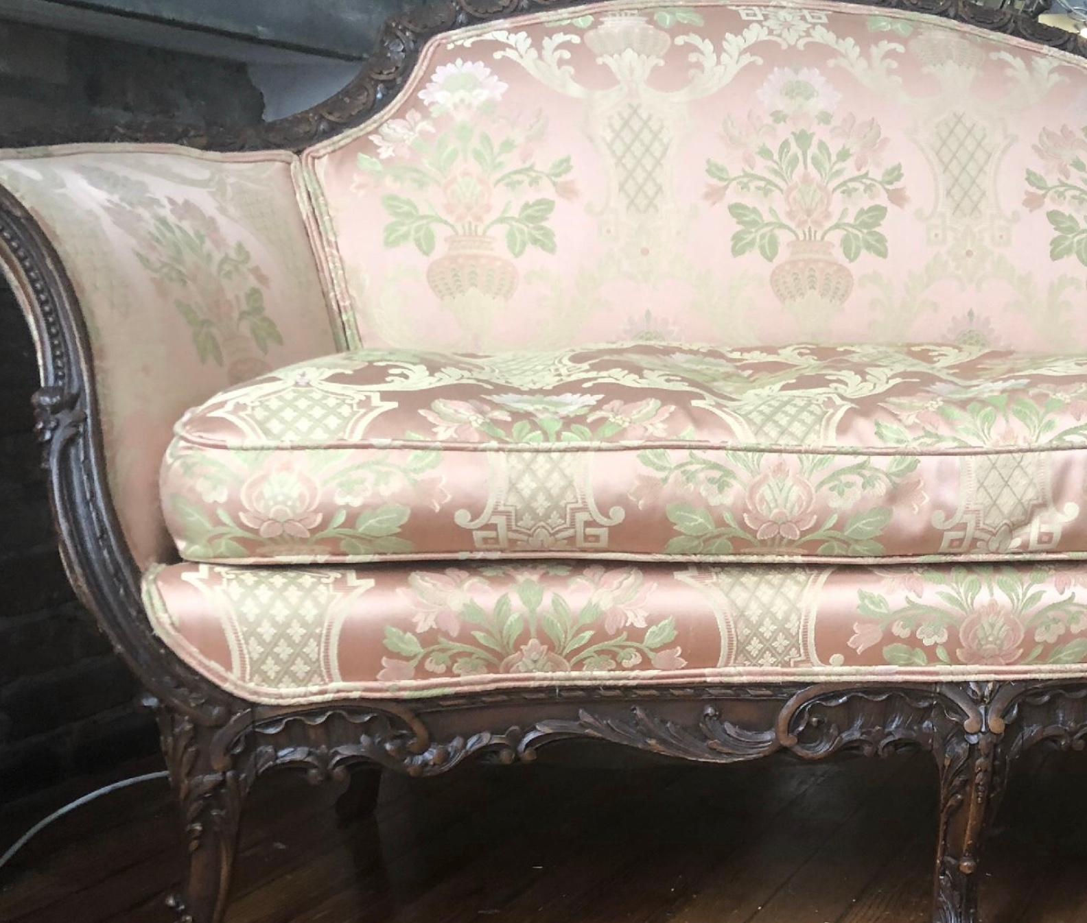 Gorgeous 19th salamander silk loveseat / settee in stunning iridescent blush with gentle sea foam chinoiserie embroidery work. Lovely lines and intricate glorious work. Down cushion, sloping wide arms perfect as headrest. American Empire (Empire
