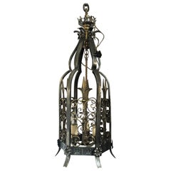 Antique 19th Century Polished Steel and Brass Hall Lantern