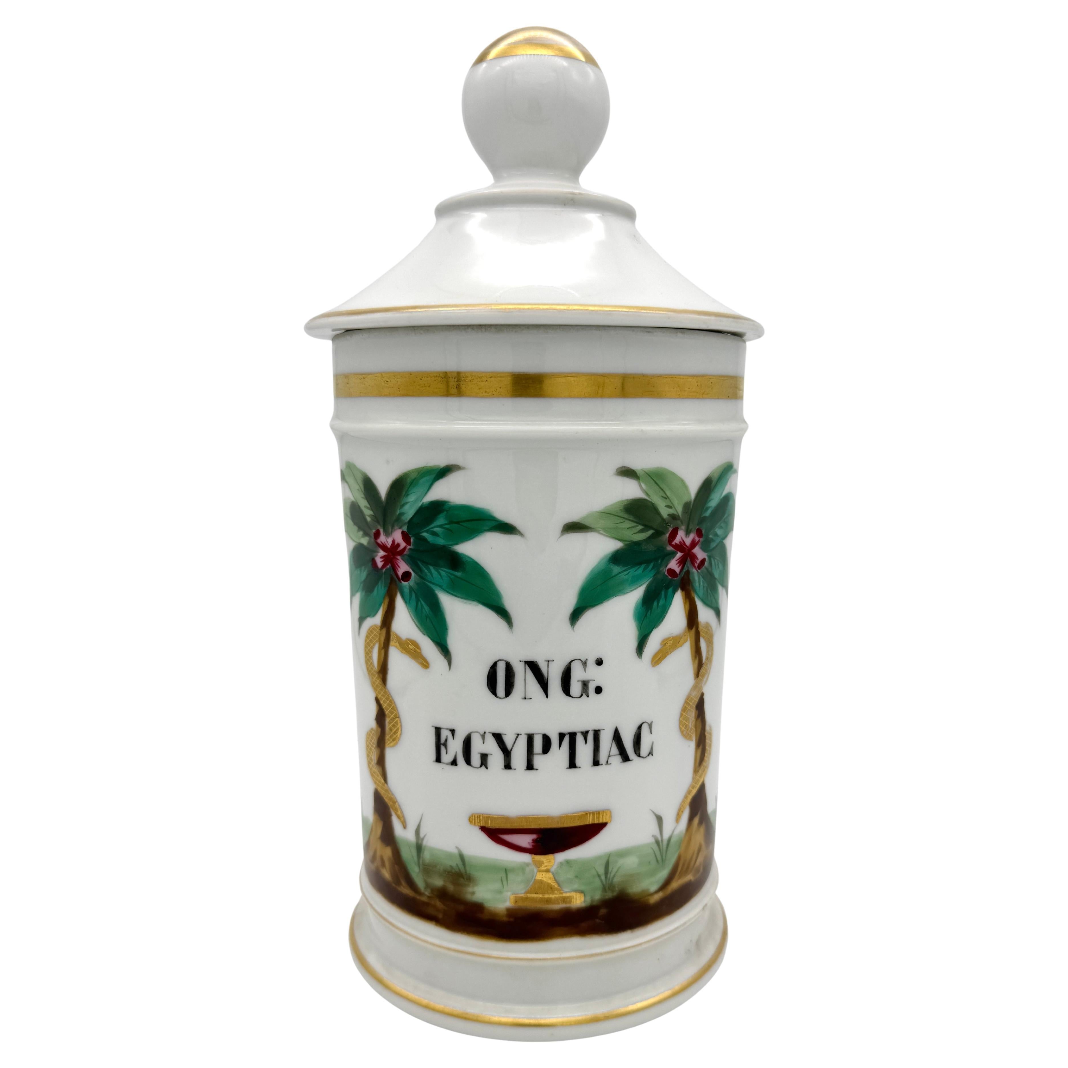 Ancienne jarre d'apothicaire en porcelaine du 19ème siècle 'Ong : Égypte' Palmiers Serpents en vente