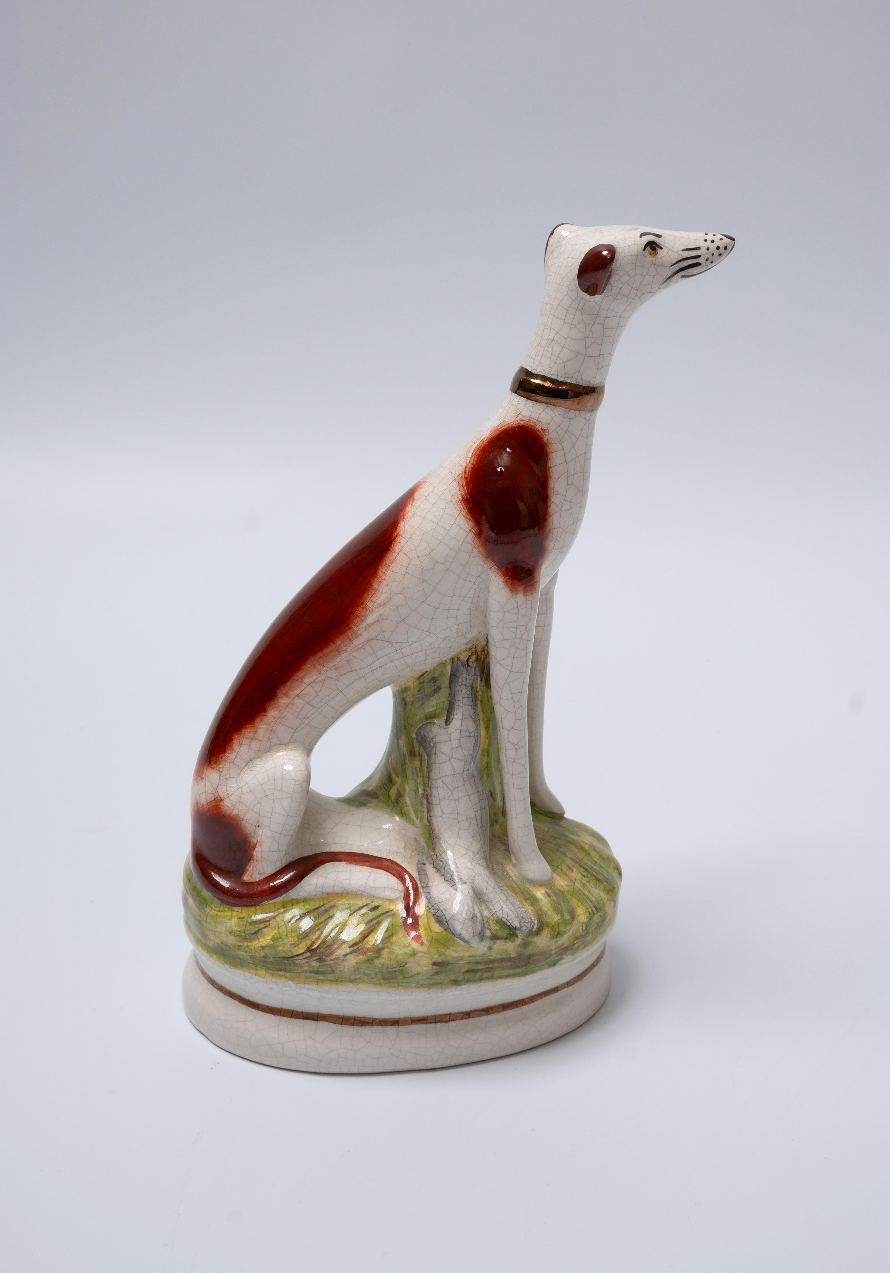 Hand-Painted Antique English 19th Century Porcelain Staffordshire Ware Figure of A Hound  For Sale