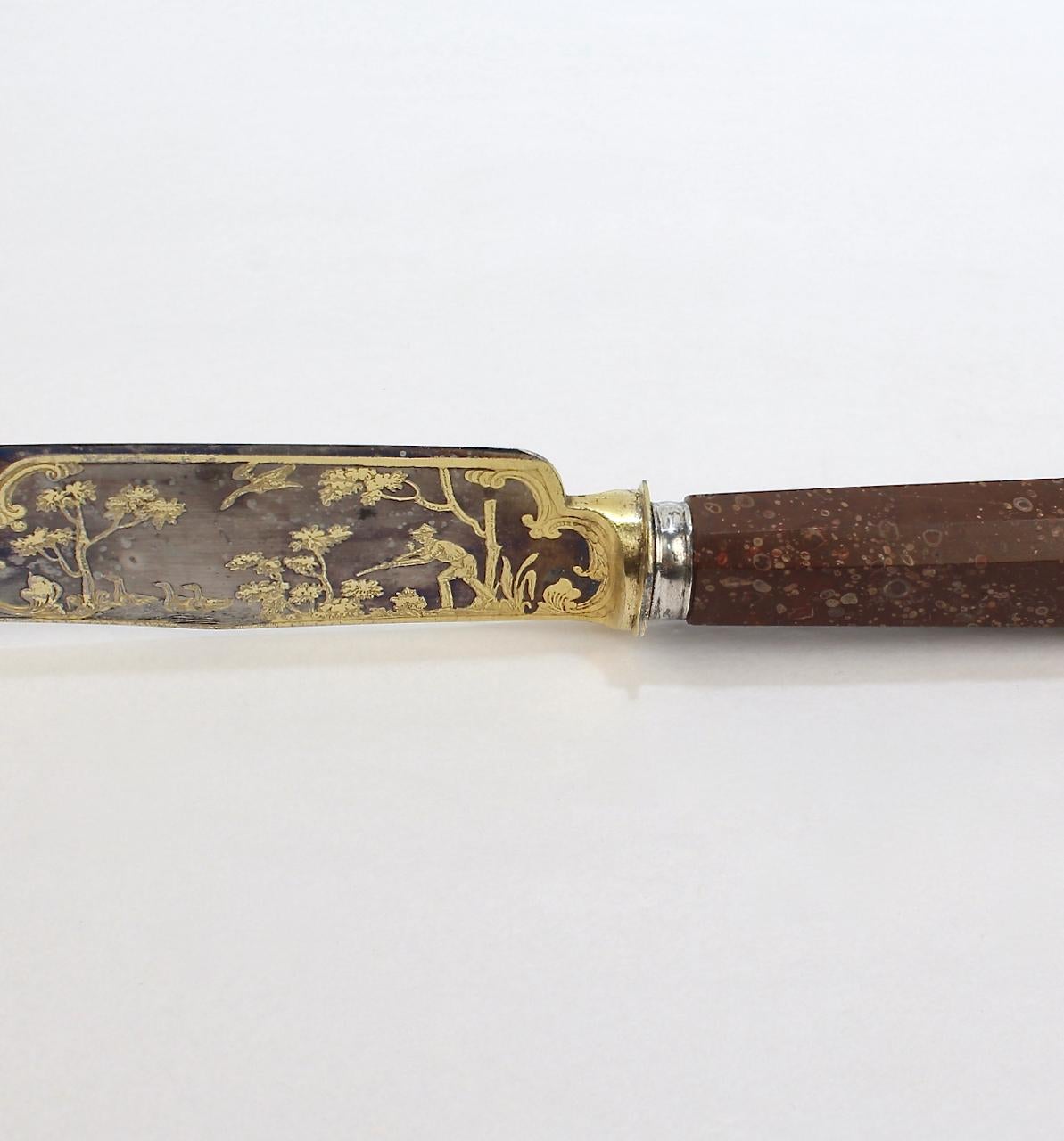 Antique 19th Century Porphyry Handle Knife with a Gilt Hunt Scene Steel Blade 2