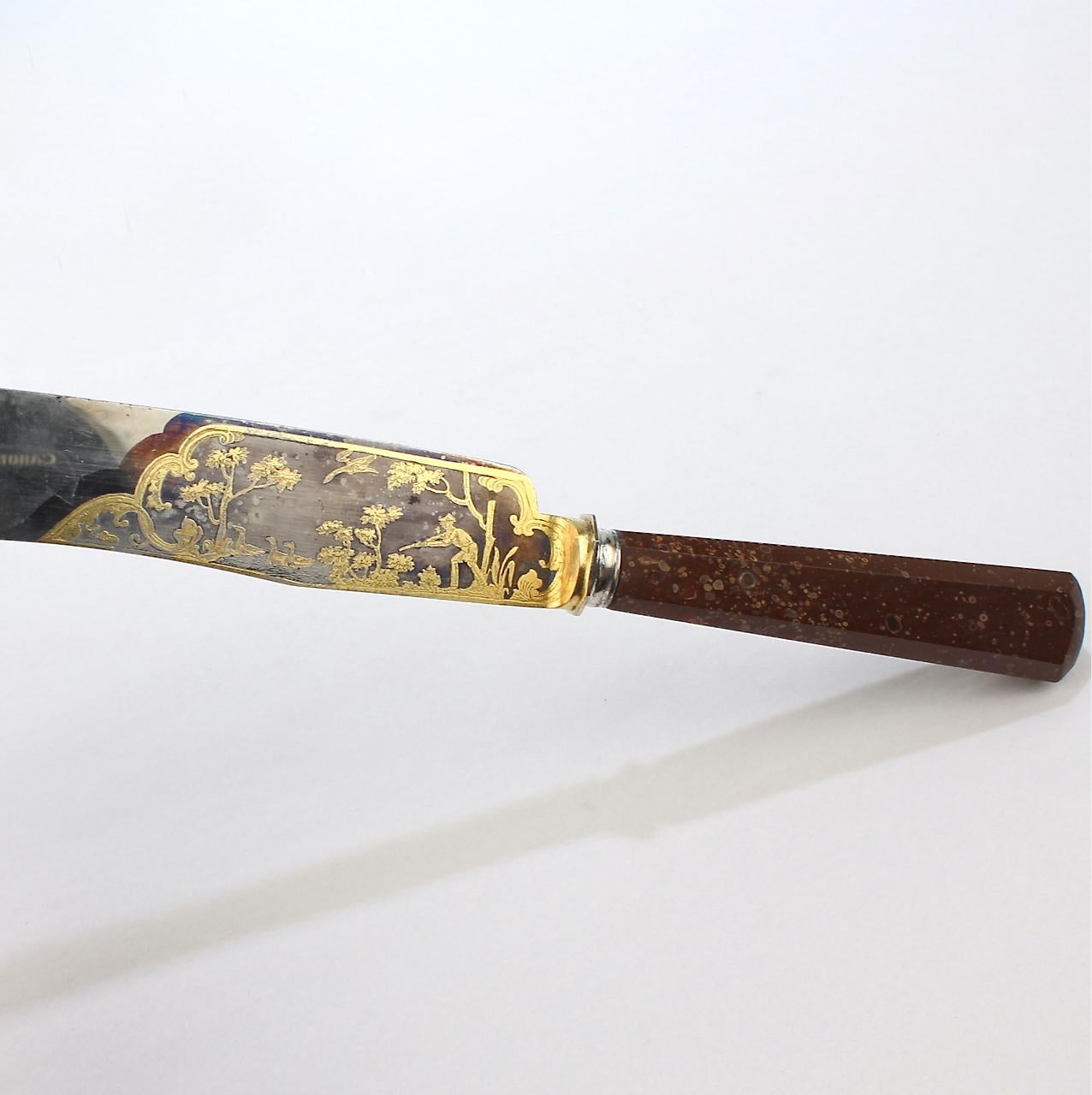 Antique 19th Century Porphyry Handle Knife with a Gilt Hunt Scene Steel Blade In Good Condition In Philadelphia, PA