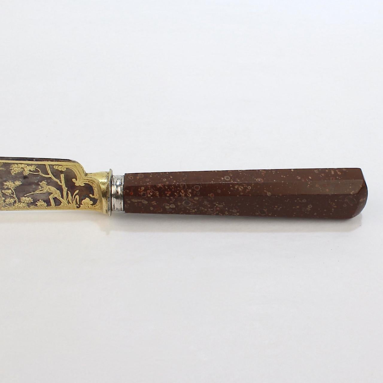 Antique 19th Century Porphyry Handle Knife with a Gilt Hunt Scene Steel Blade 1