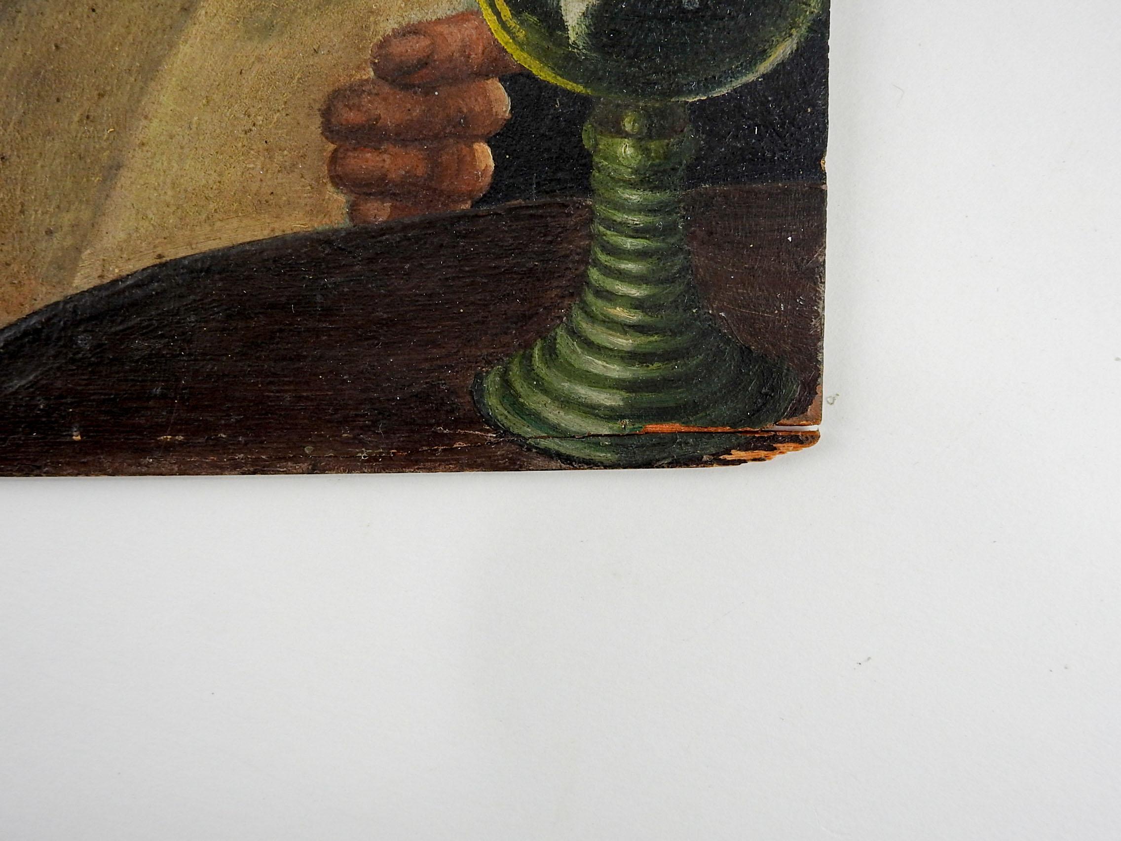 Antikes Porträtgemälde eines Mannes, der einen Brief liest, in Öl auf einer Holztafel aus dem späten 19. Unsigniert, ungerahmt, vereinzelte Farbverluste, reparierter Riss in der rechten unteren Ecke.