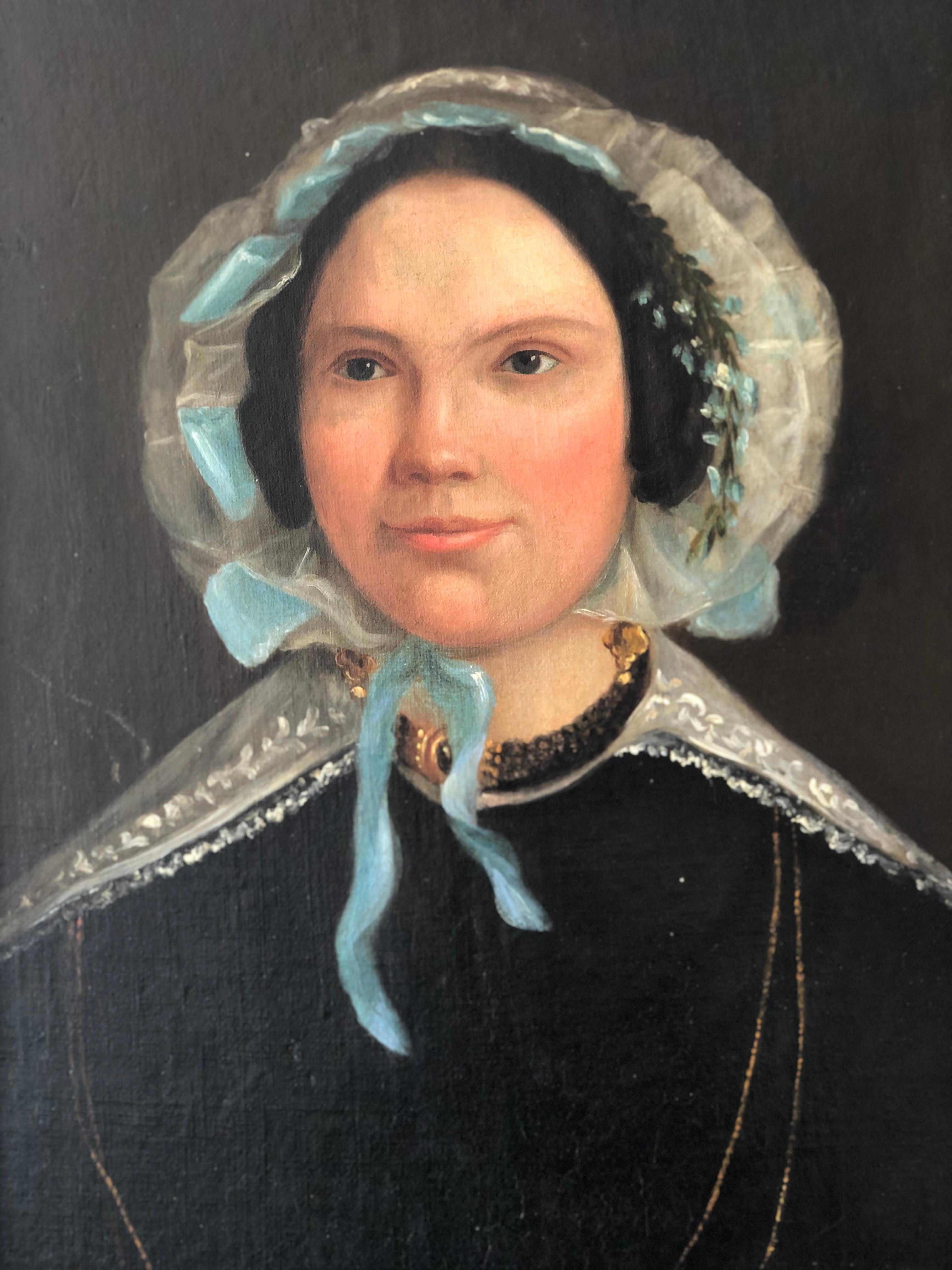 Romantic Antique 19th Century Portrait Painting of A Elite Dutch Lady For Sale