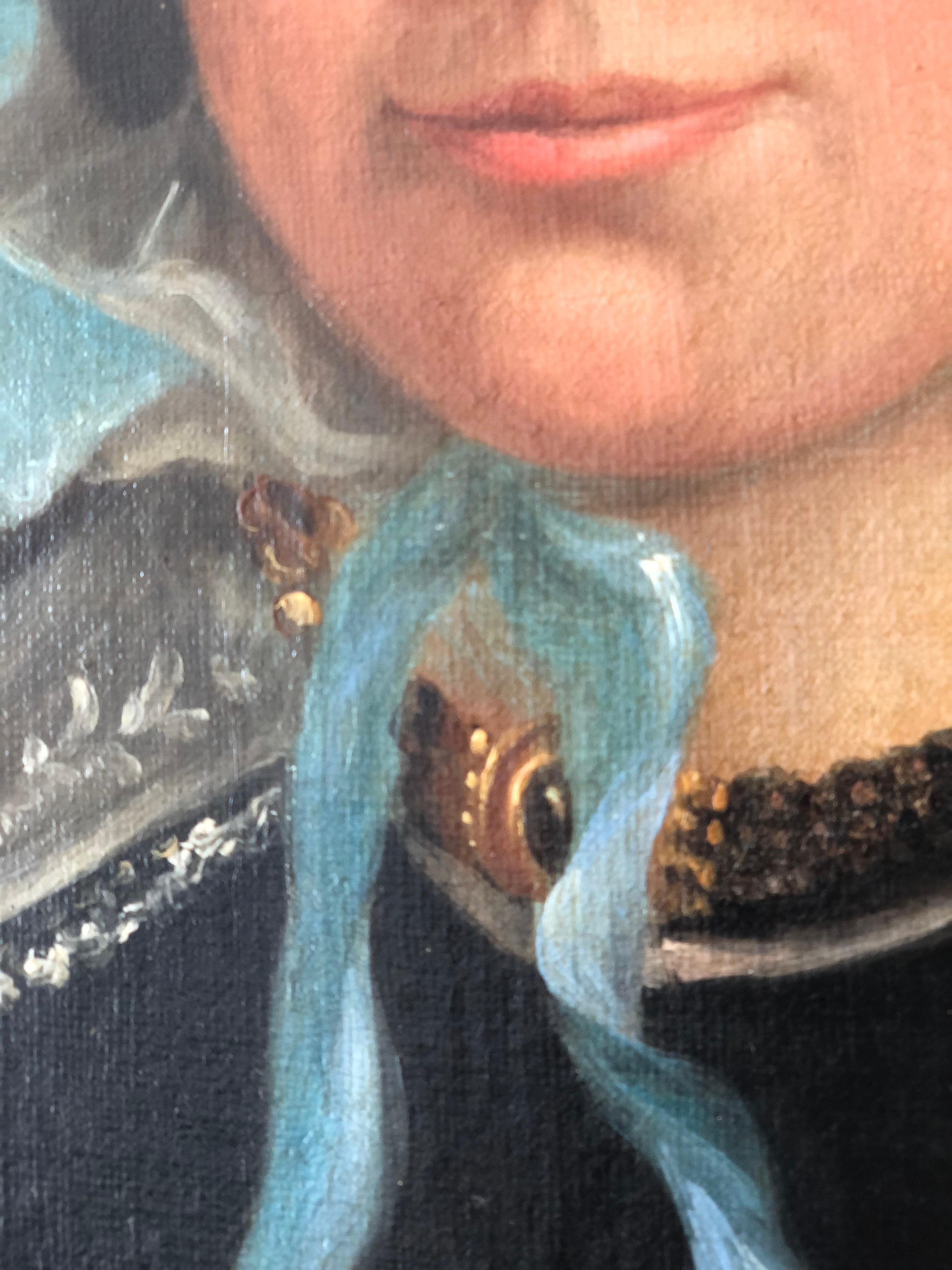 Canvas Antique 19th Century Portrait Painting of A Elite Dutch Lady For Sale
